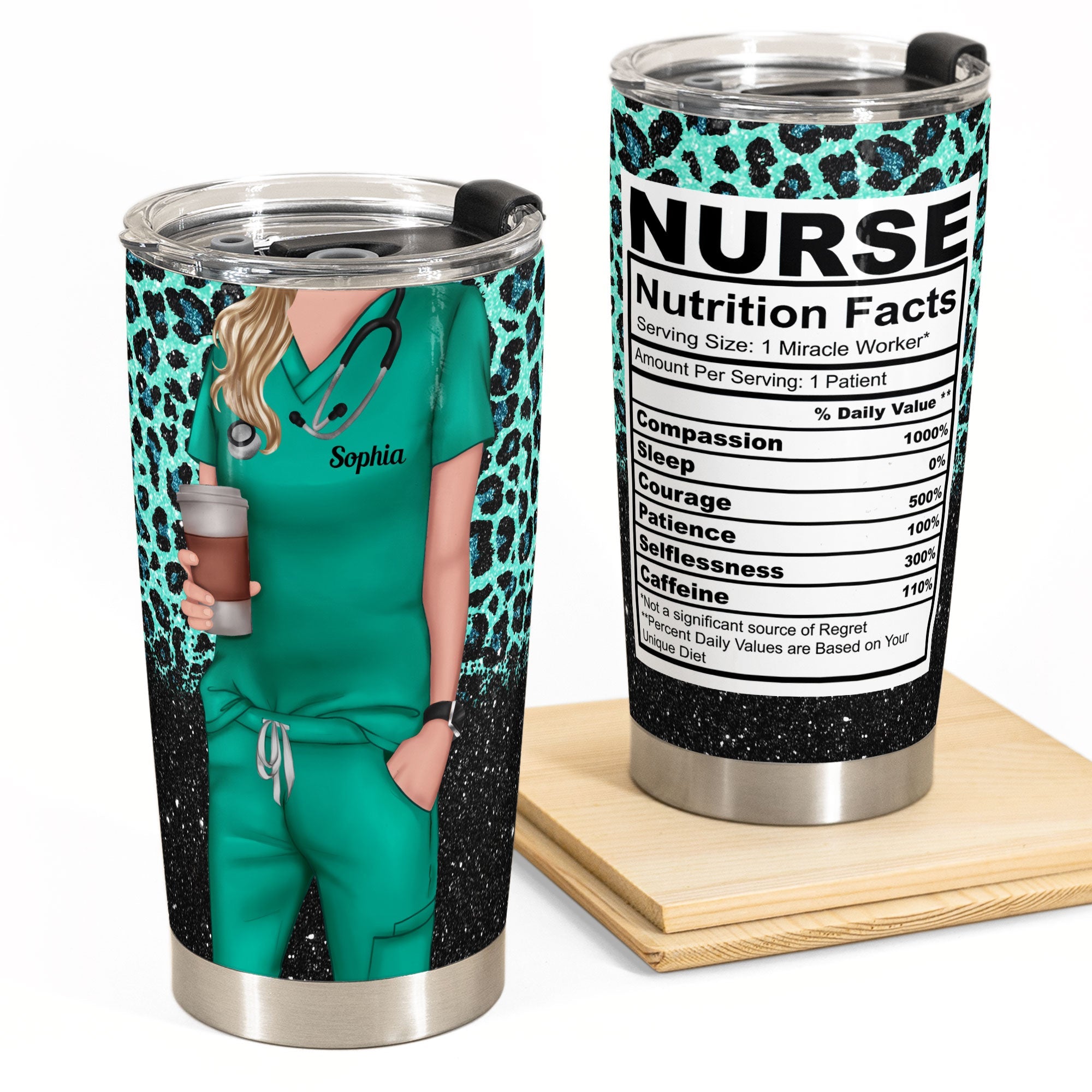 Nurse Life Nutrition Facts - Personalized Tumbler Cup - Glitter Leopard Design