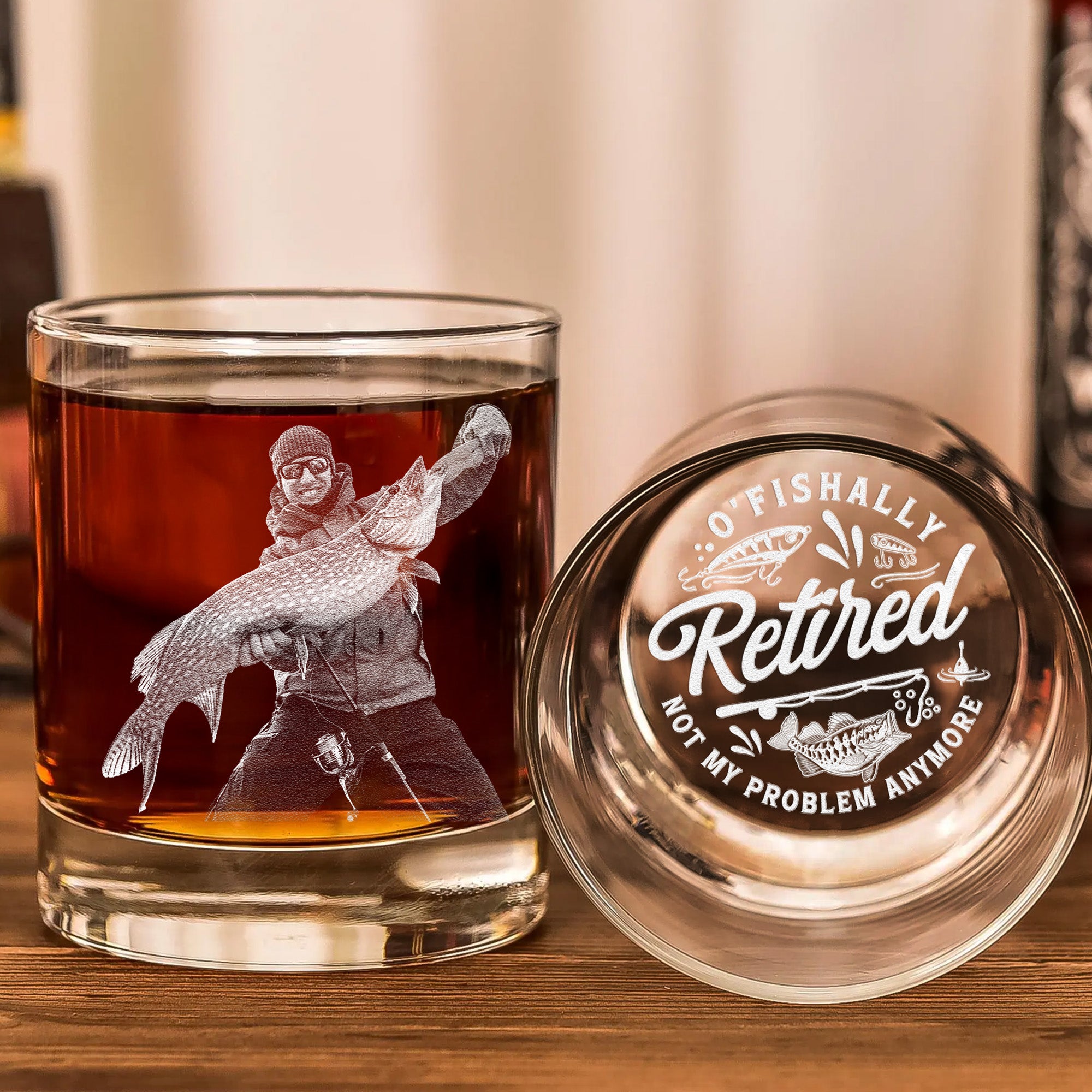 O'Fishally Retired - Not My Problem Anymore - Personalized Whiskey Glass With Photo