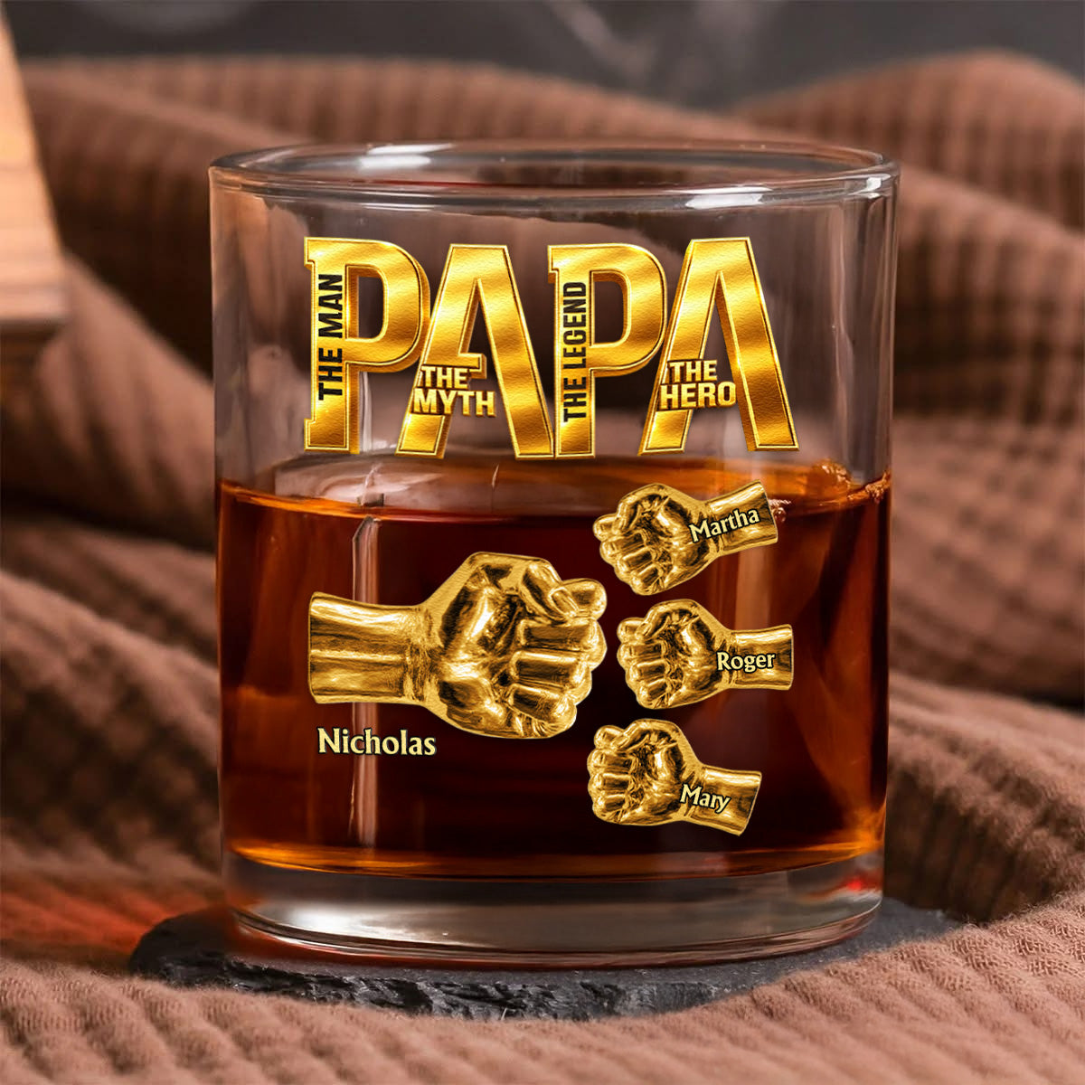 Papa The Man The Myth The Legend - Fist Bumps With Kids' Names - Personalized Whiskey Glass