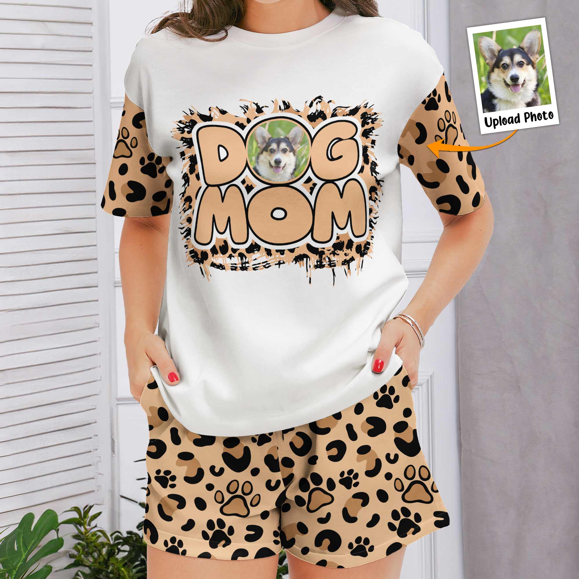 Pet Mom Paw Print Leopard - Personalized Photo Pajama Shorts Set