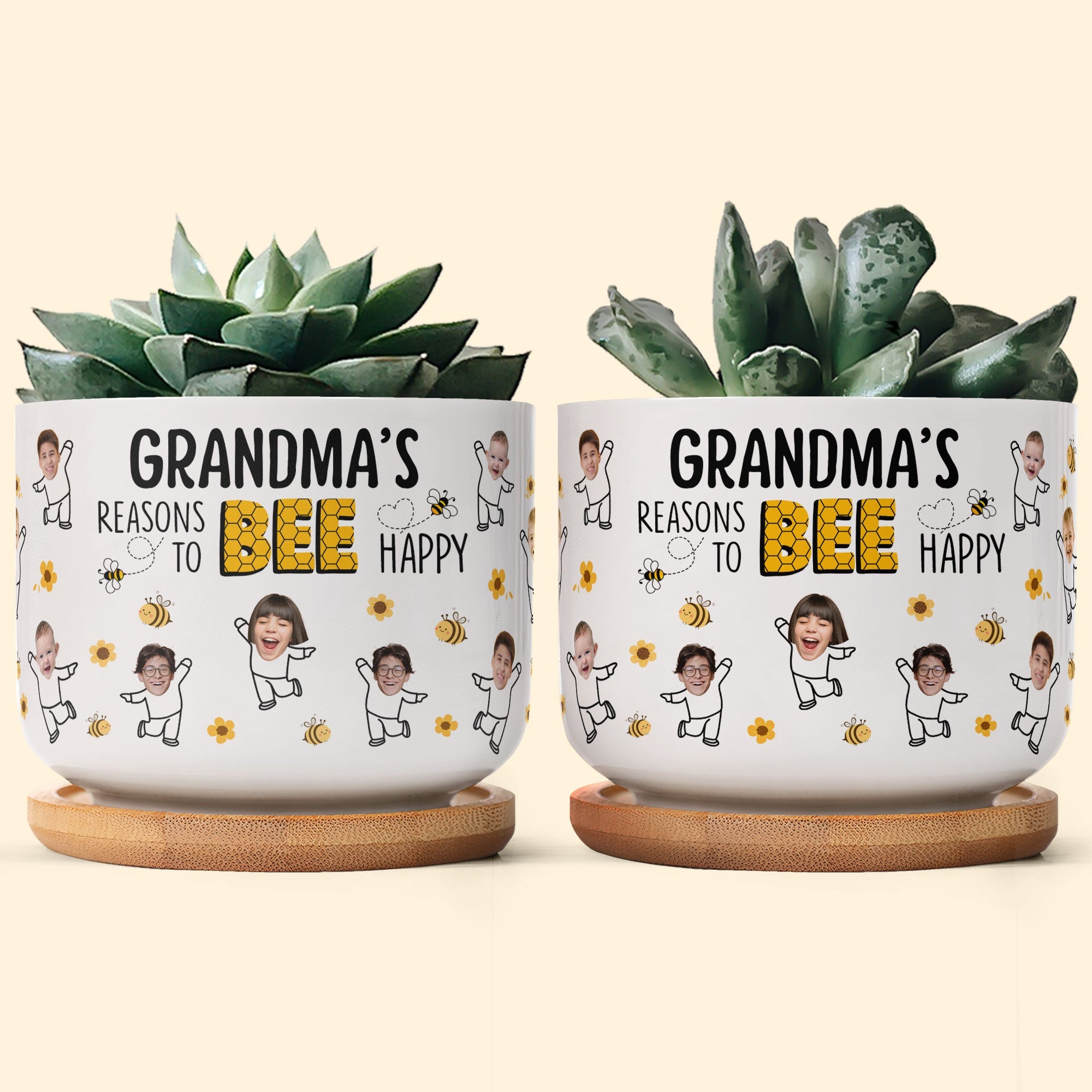 Grandma's Reasons To Bee Happy Custom Kids' Face - Personalized Photo Ceramic Plant Pot With Tray