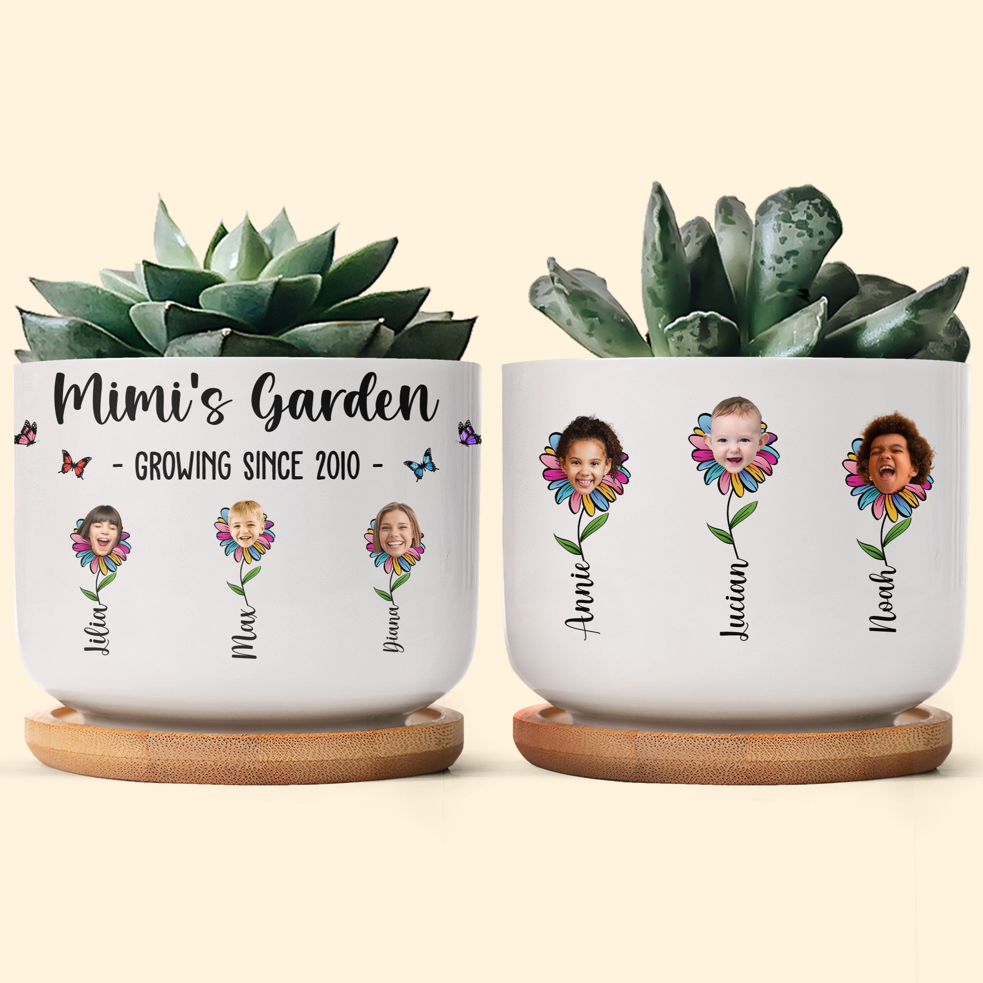 Grandma's Garden Custom Title And Kids' Face - Personalized Photo Ceramic Plant Pot With Tray
