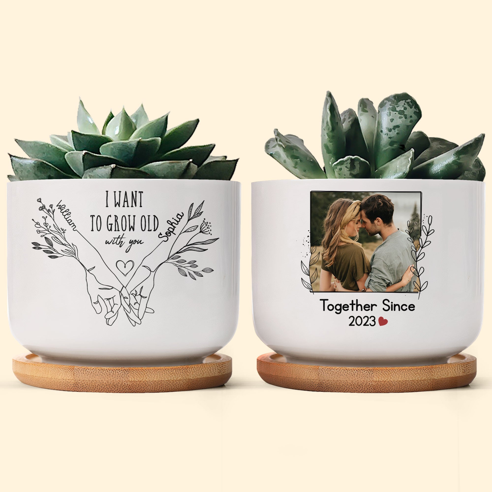 I Want To Grow Old With You - Personalized Photo Ceramic Plant Pot With Tray