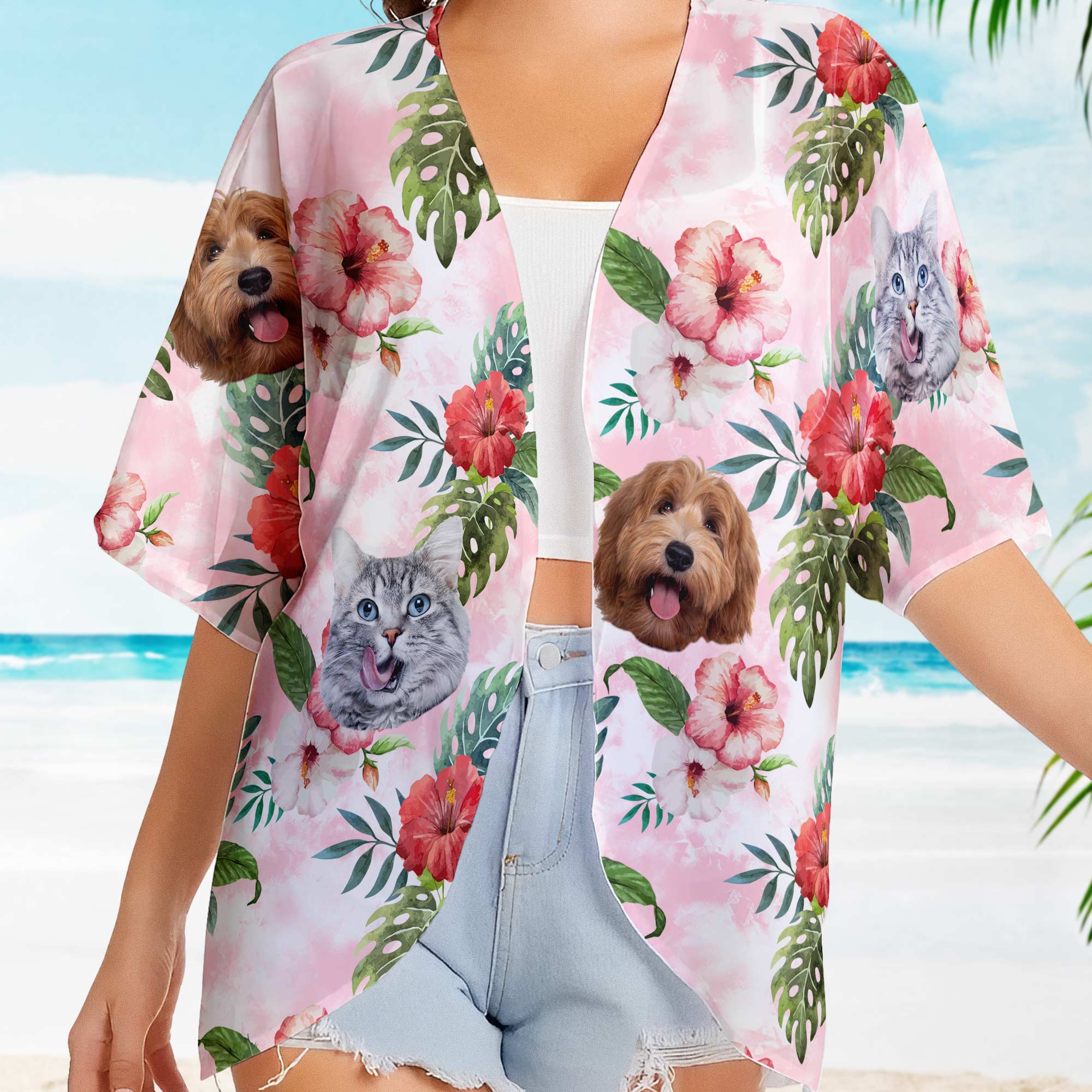 Pet Face Tropical - Personalized Photo Women's Kimono Chiffon Cover Up