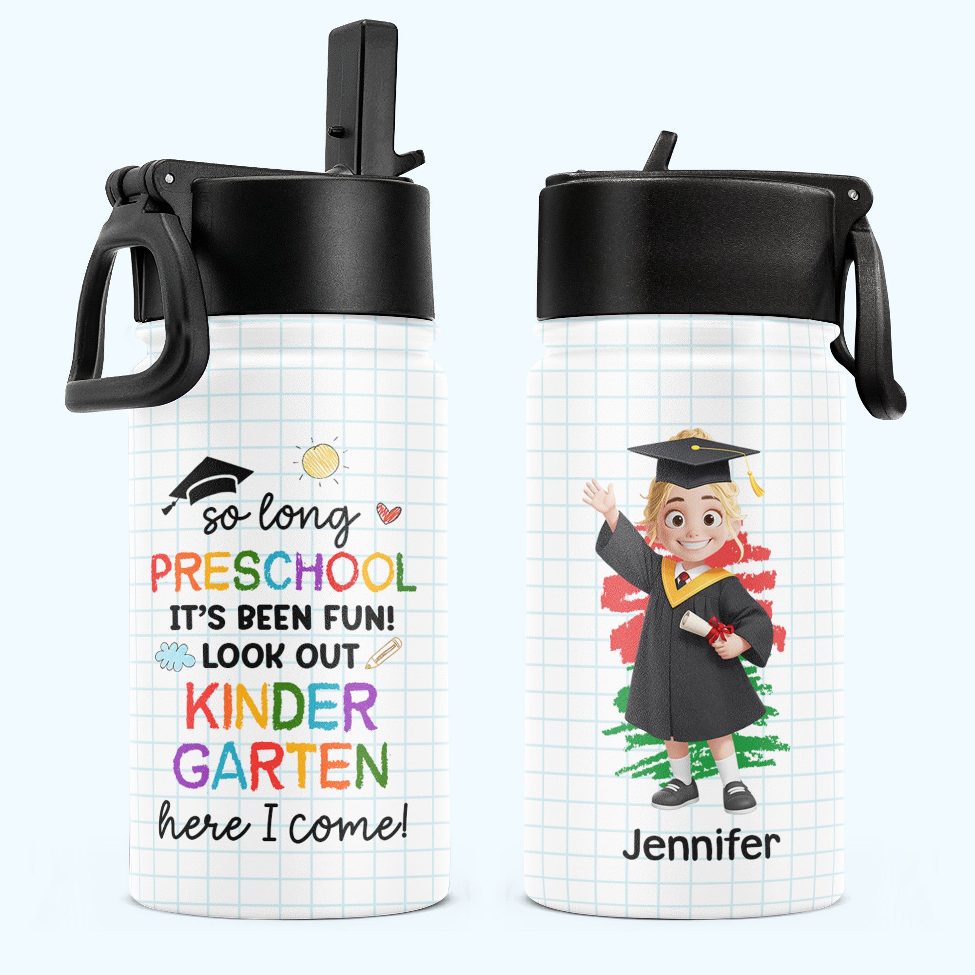 Preschool Kindergarten Graduation - Personalized Kids Water Bottle With Straw Lid