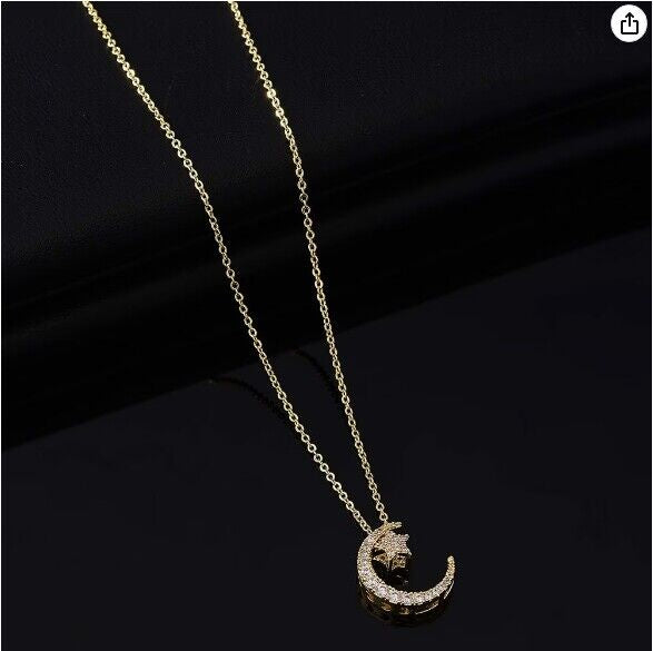 Cubic Zirconia Crescent Moon Star Pendant Necklace for Women-A Loves Gift