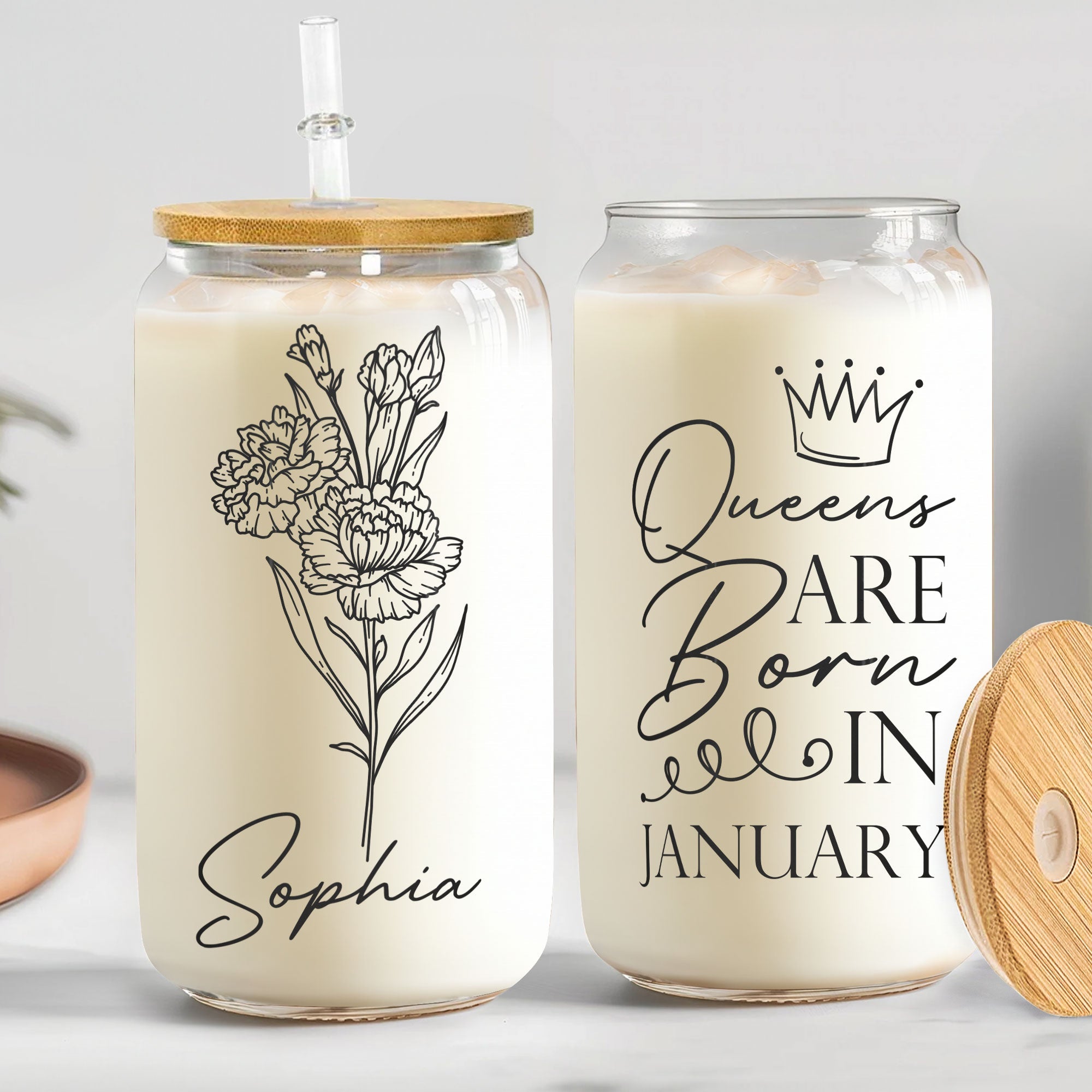 Queens Are Born Custom Month Birthflower Birthday Gifts - Personalized Clear Glass Cup