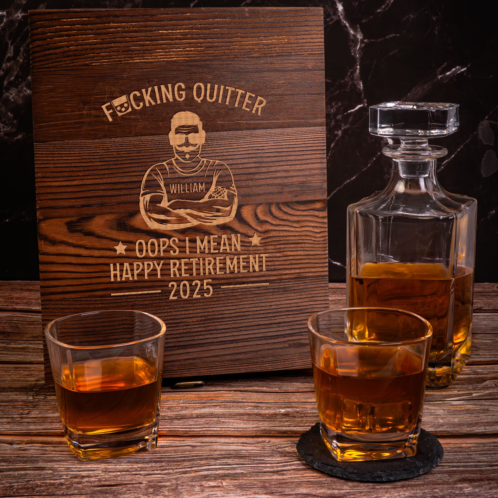 Quitter Oops I Mean Happy Retirement - Personalized Whiskey Decanter Set