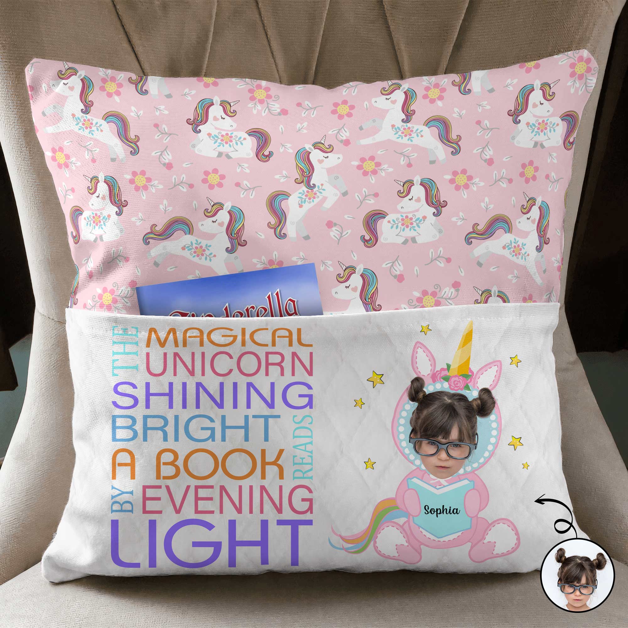 Rainbow Hair Unicorn - Personalized Photo Pocket Pillow (Insert Included)