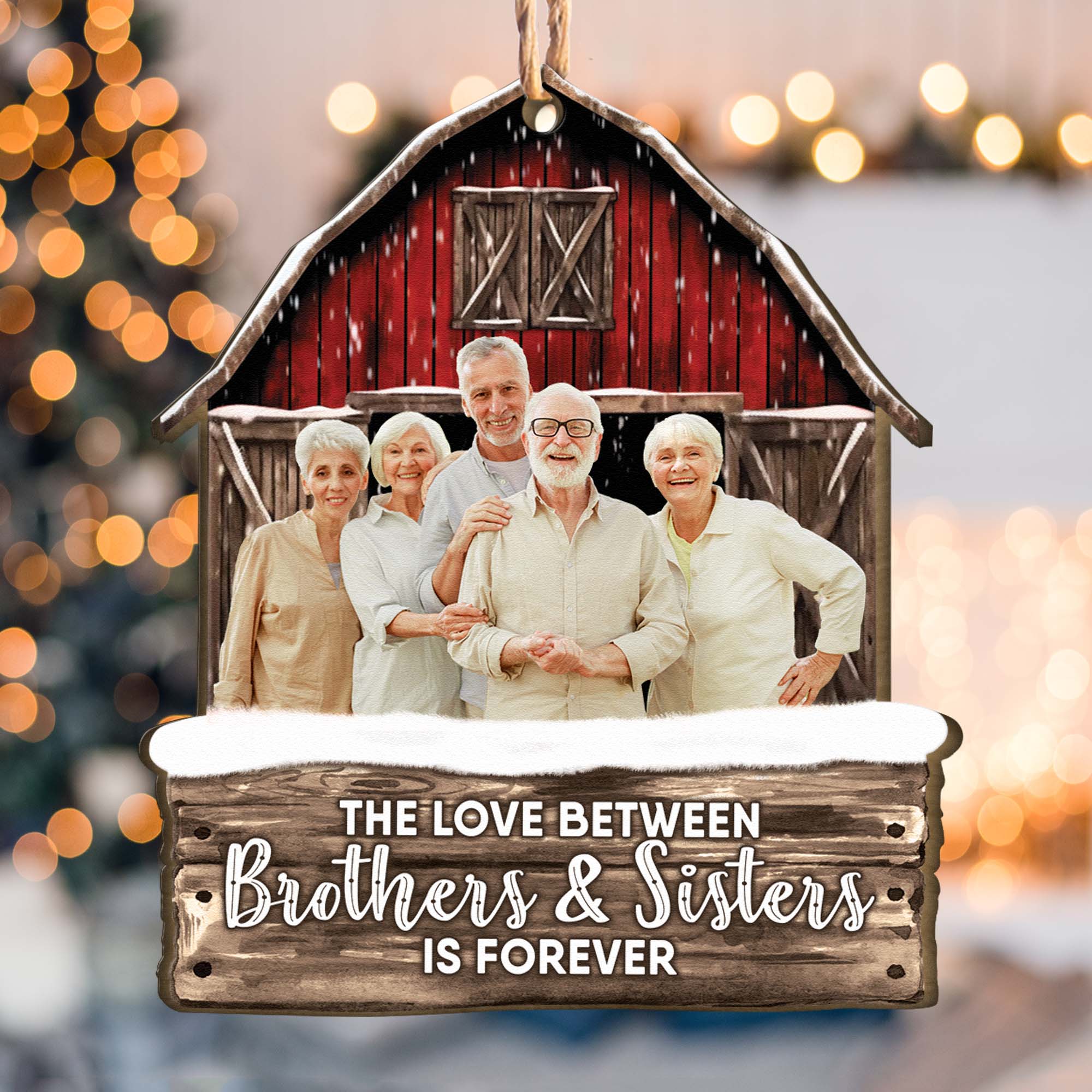 Red Barn The Love Between Brothers & Sisters Is Forever - Personalized Wooden Photo Ornament - Vintage Ornament