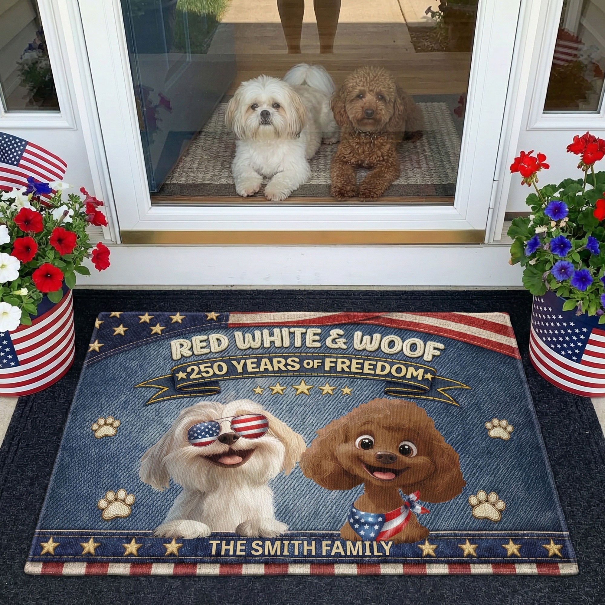 Red White & Woof 250 Years Of Freedom - Faux Pattern - Personalized Doormat