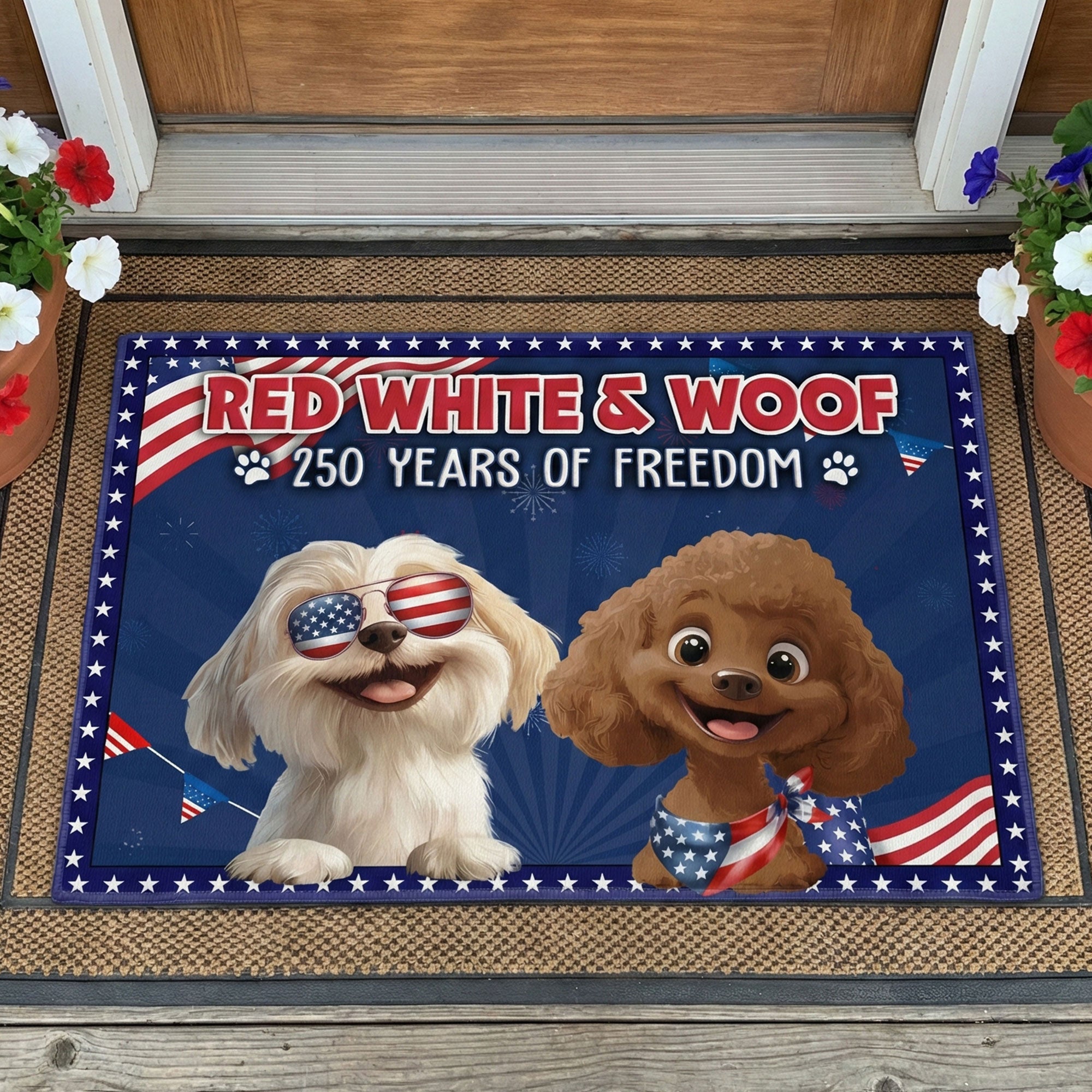 Red White & Woof Red White & Meow - 250 Years Of Freedom - Personalized Doormat