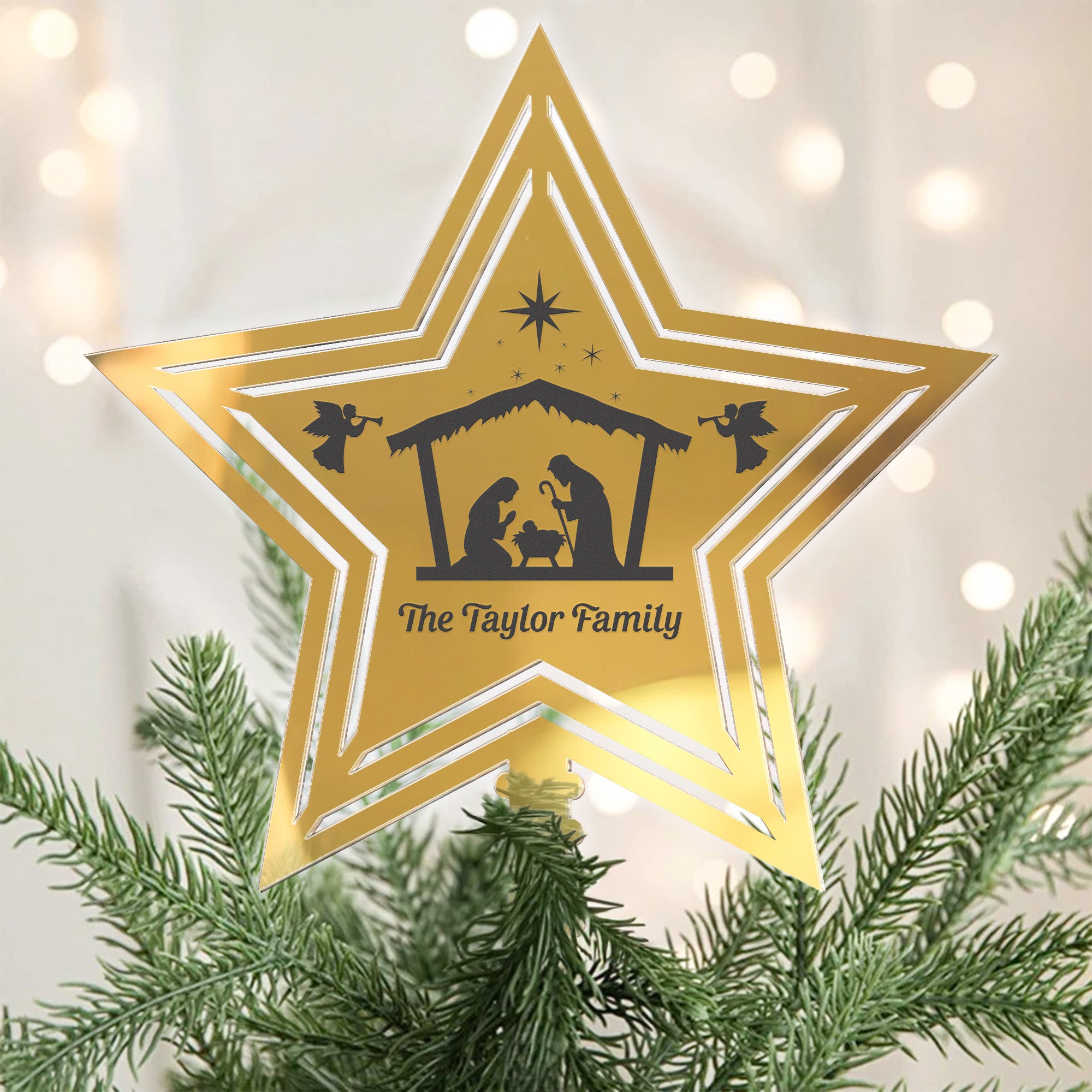 Rustic Nativity Scene With Cross-Shaped Christmas - Personalized Christmas Tree Topper