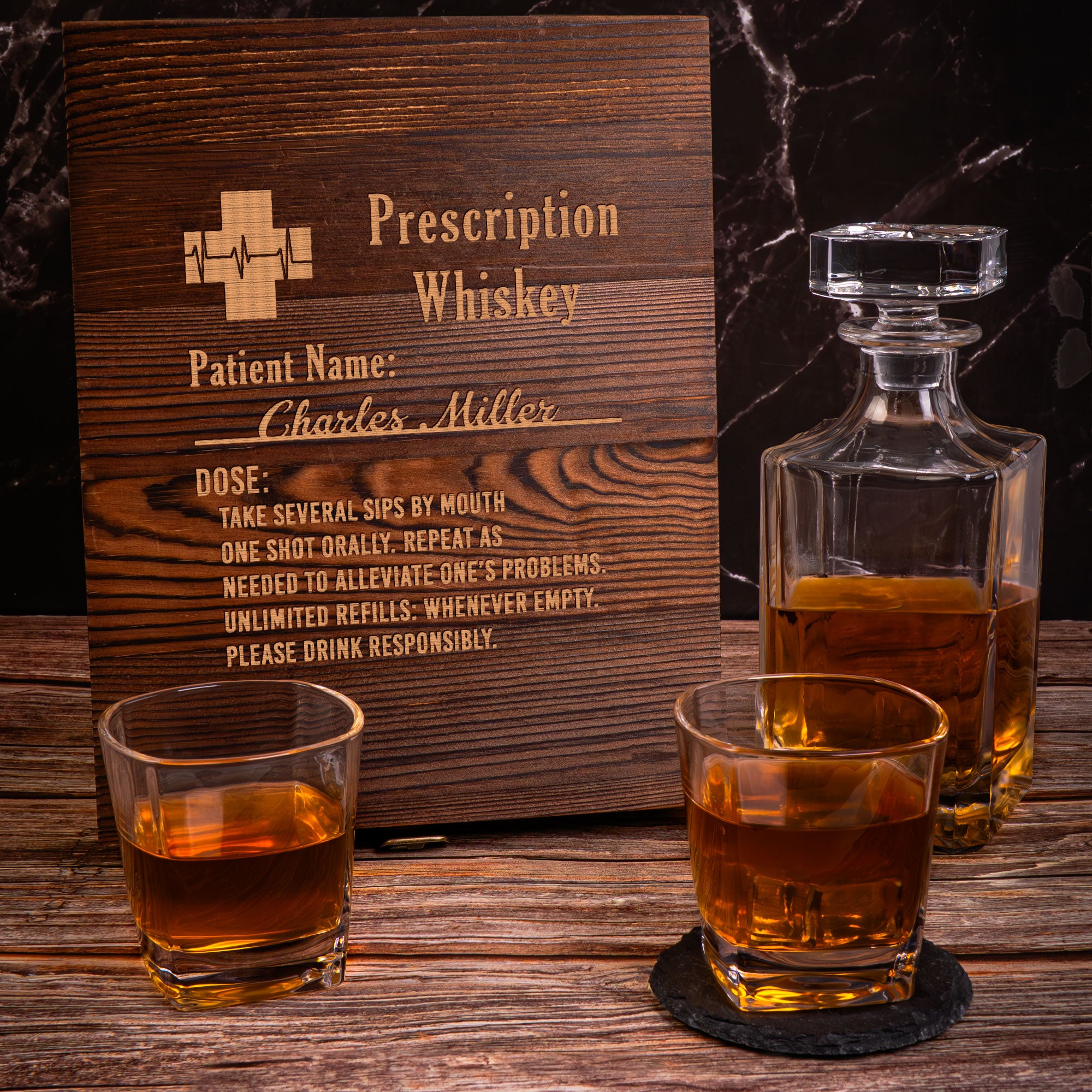 Rx Prescription Whiskey - Custom With Name - Personalized Whiskey Decanter Set