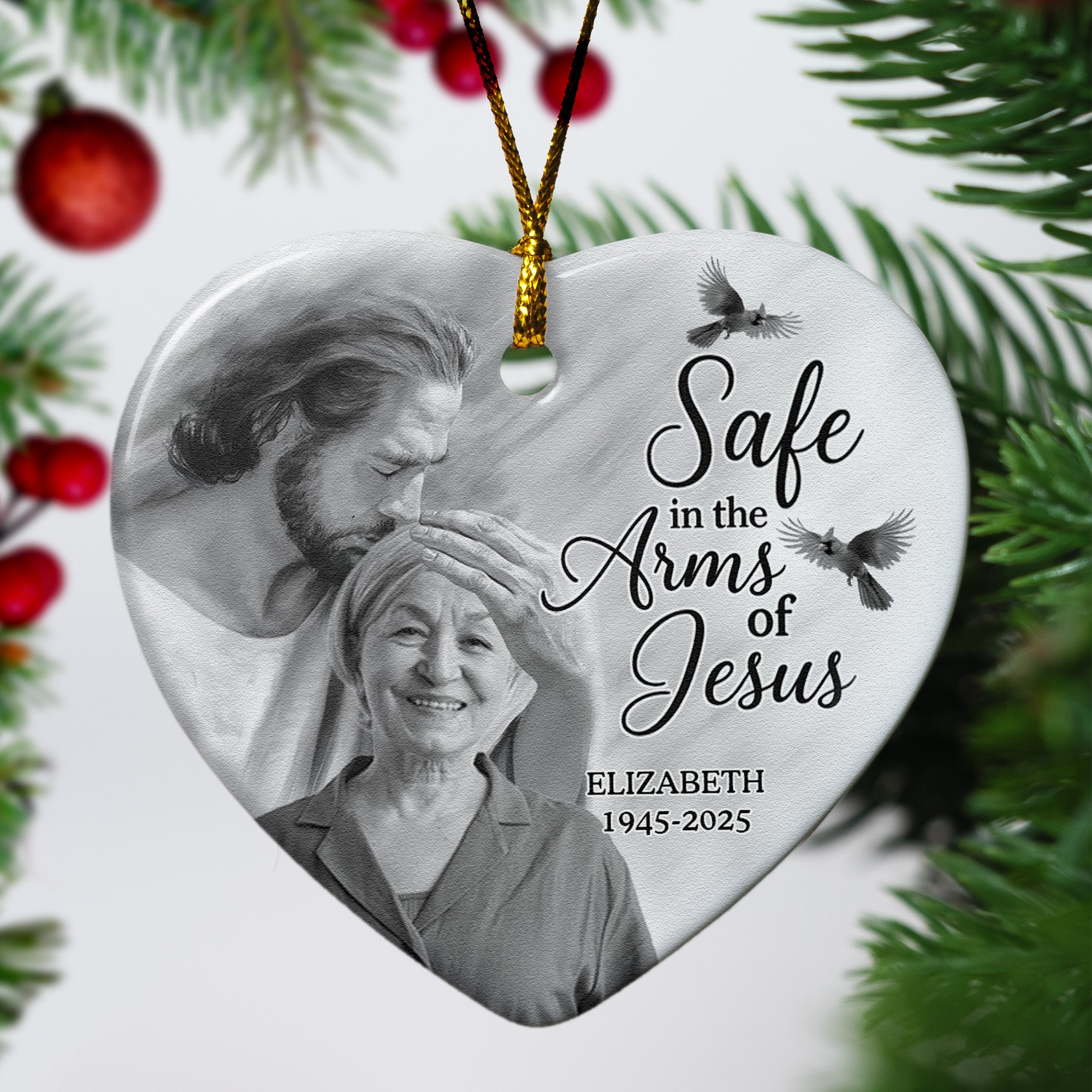 Safe In The Arm Of Jesus - Personalized Ceramic Photo Ornament