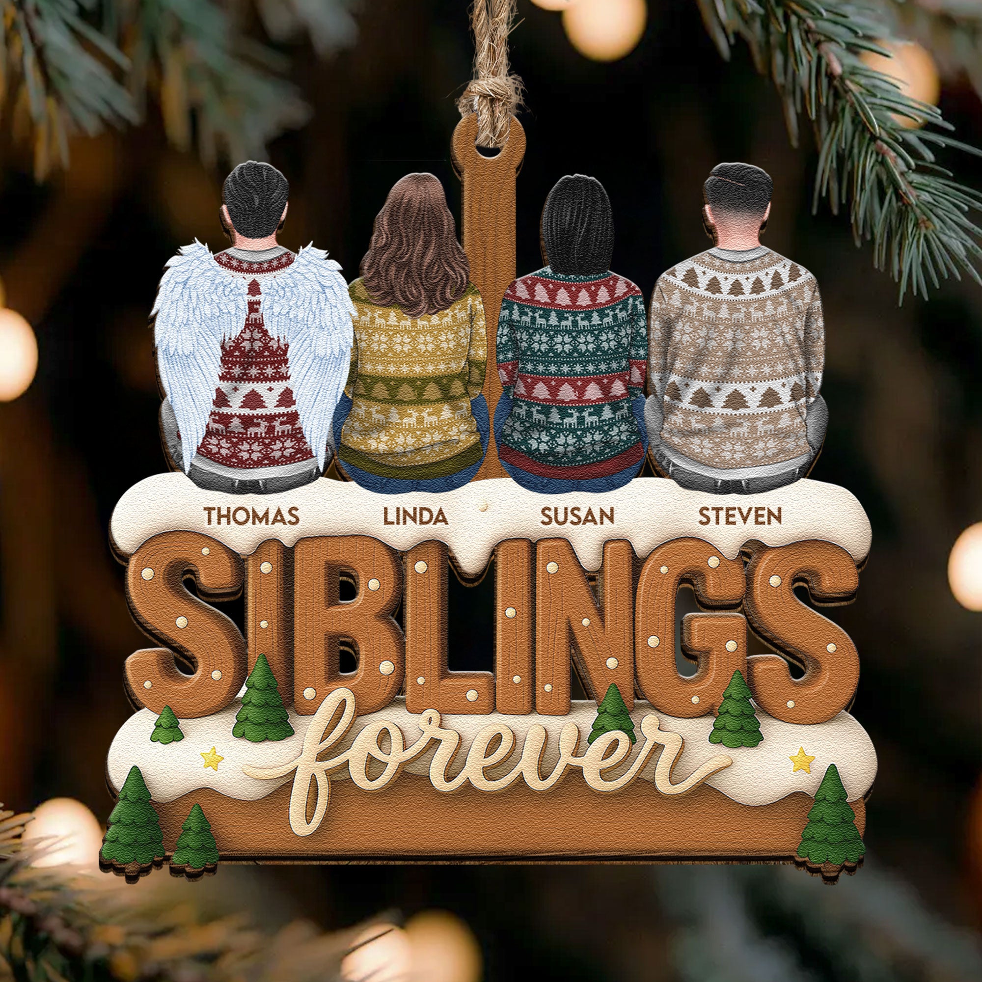 2D Flat Ornament Siblings Forever - Family Sitting Together - Personalized Wooden Ornament