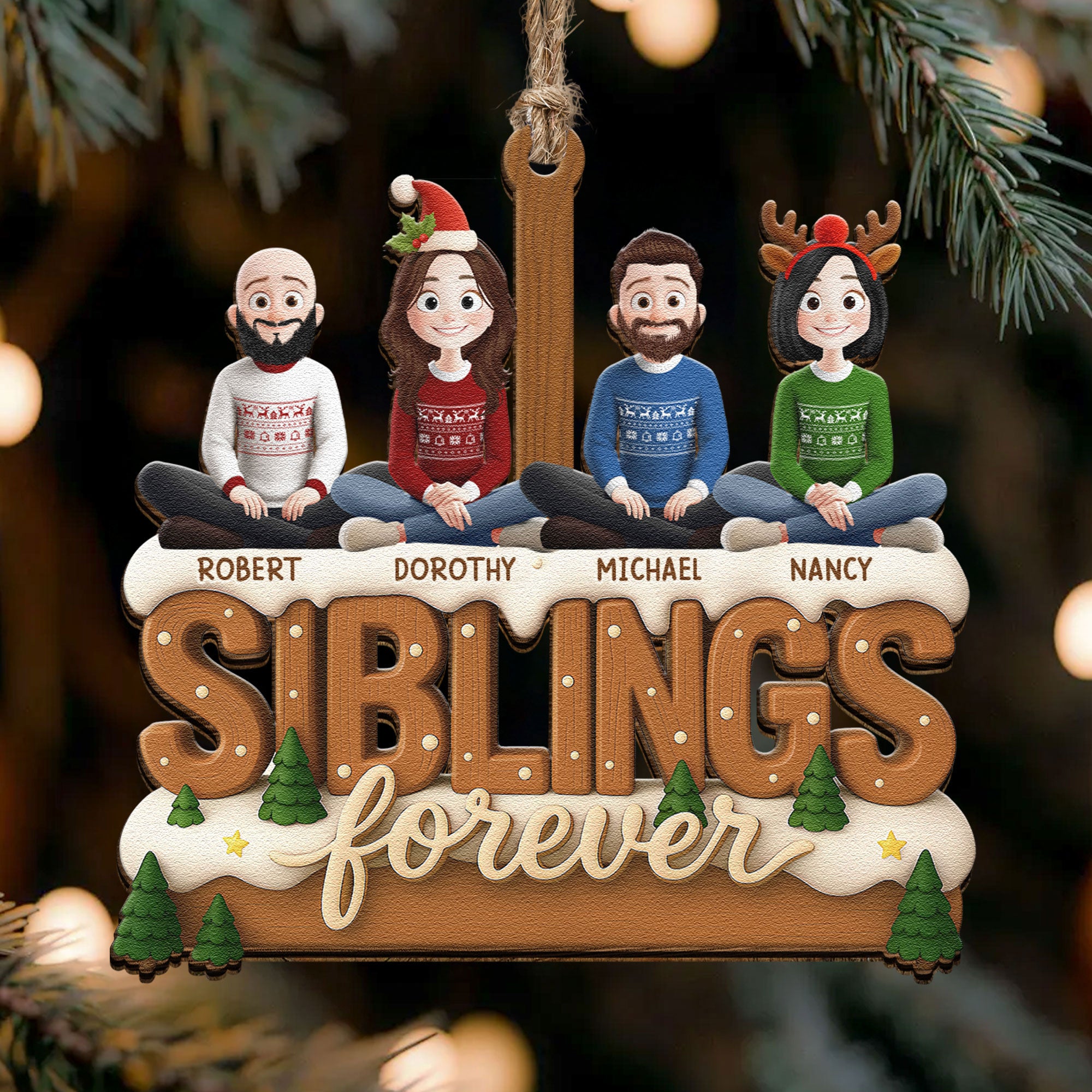 2D Flat Ornament Siblings Forever - Family Sitting Together - Personalized Wooden Ornament