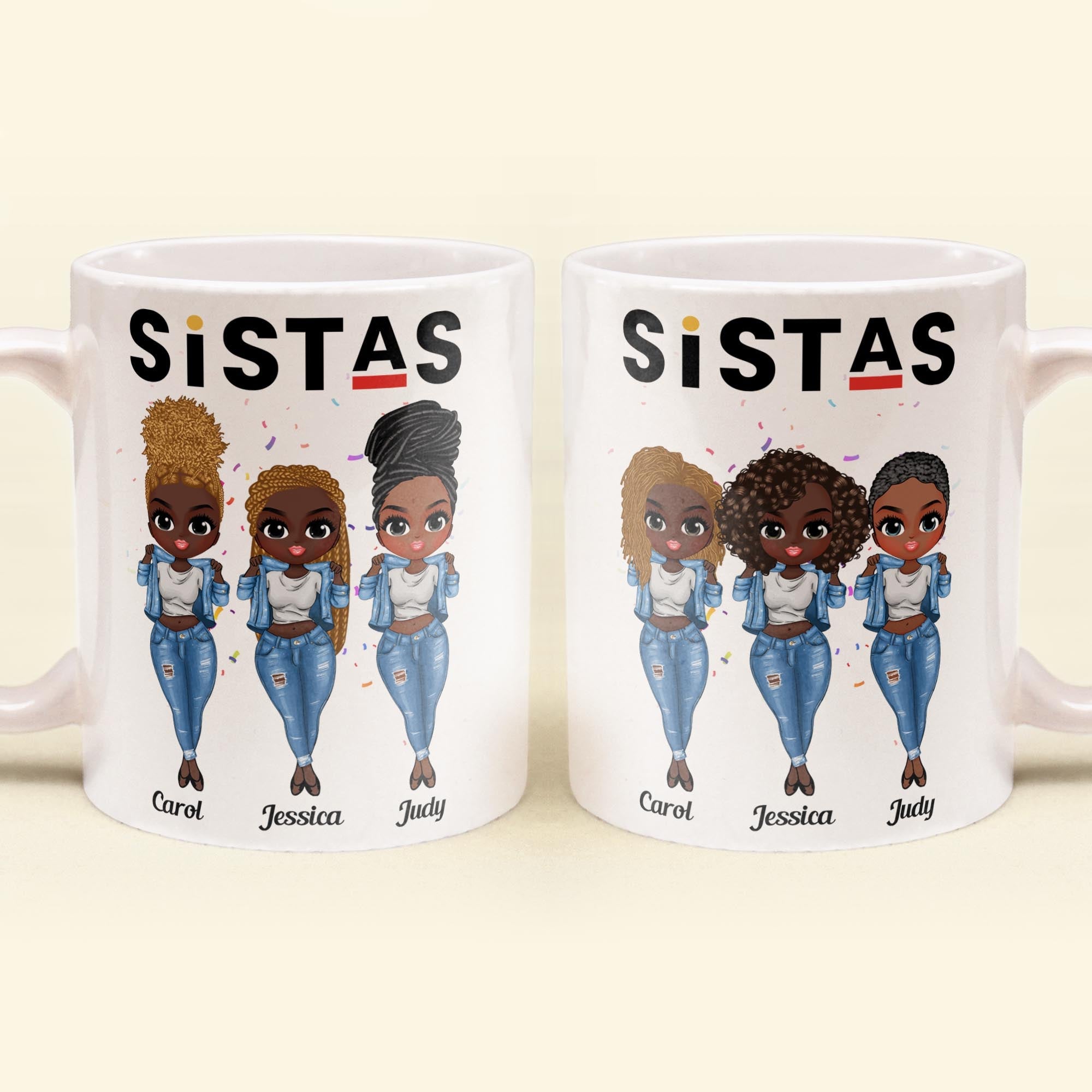 Sistas - Personalized Mug - Birthday Gift For Bestie, Best Friend, BFF, Sista, Colleague - Denim Chibi Girl