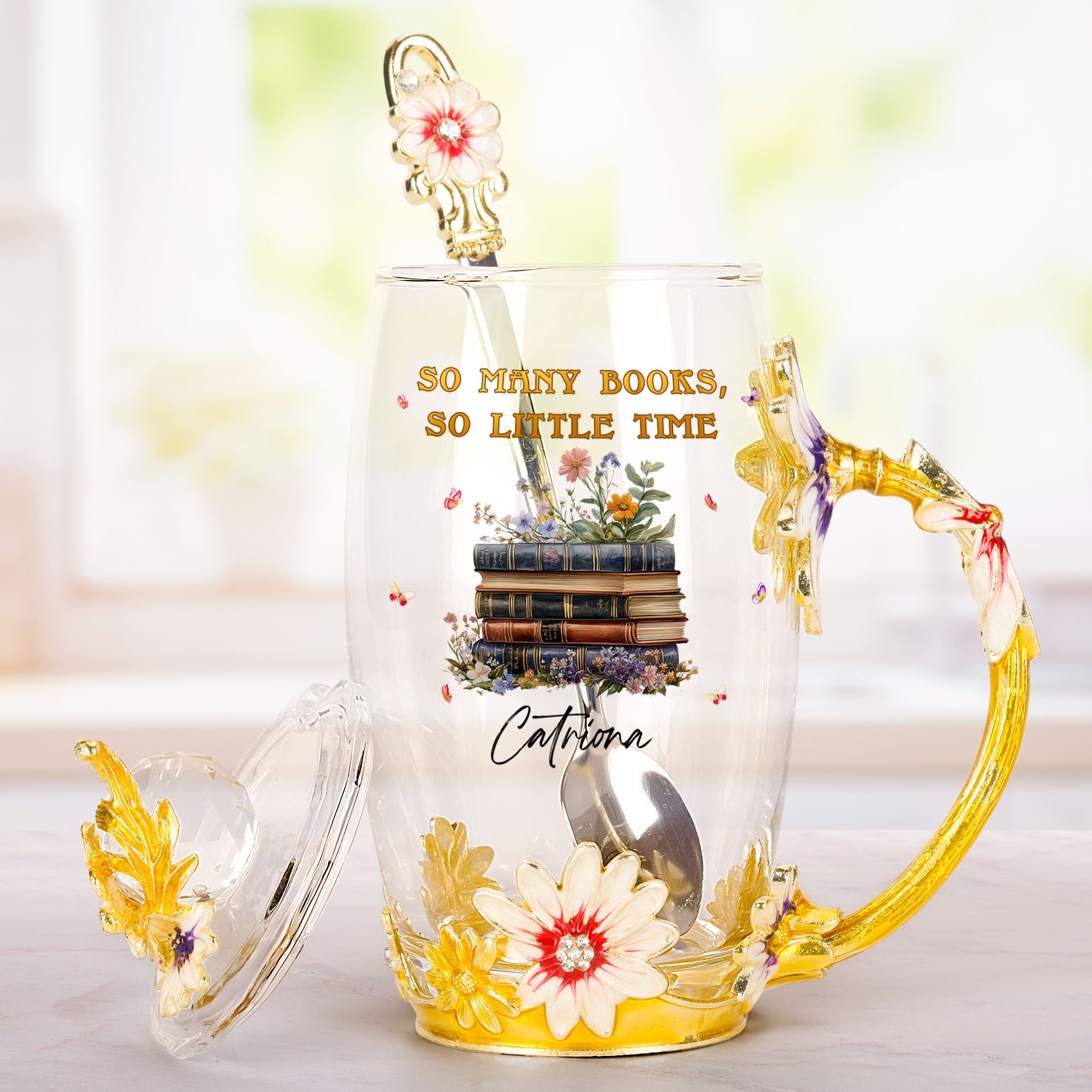 So Many Books, So Little Time - Personalized Enamel Flower Tea Cup