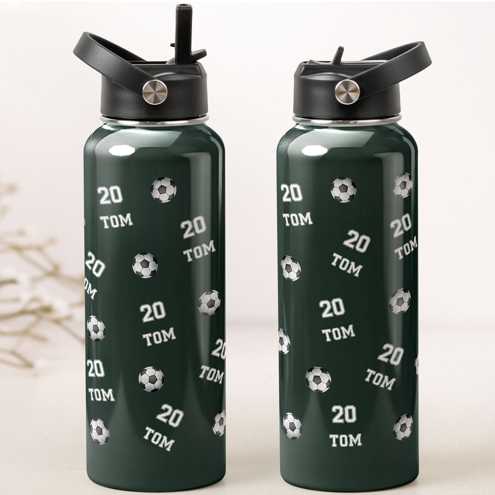 Soccer Custom Name, Number - Personalized Stainless Steel Water Bottle