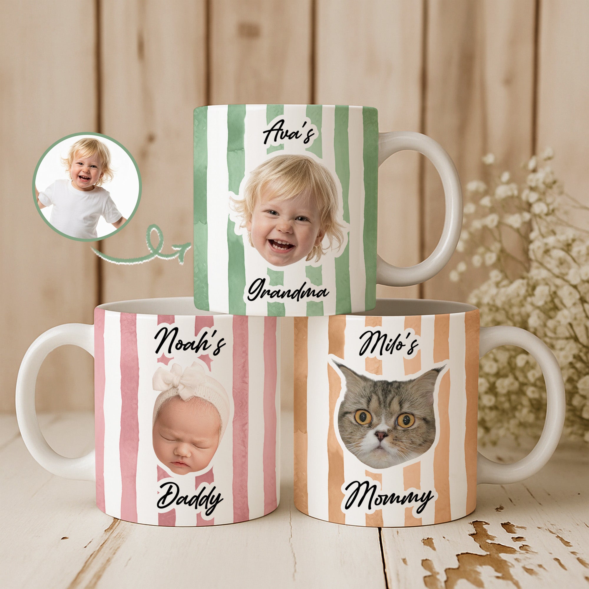 Stripe Baby Face Mug Pet Face Mug Gift For Mom, Dad, Grandma, Grandpa - Personalized Photo Mug