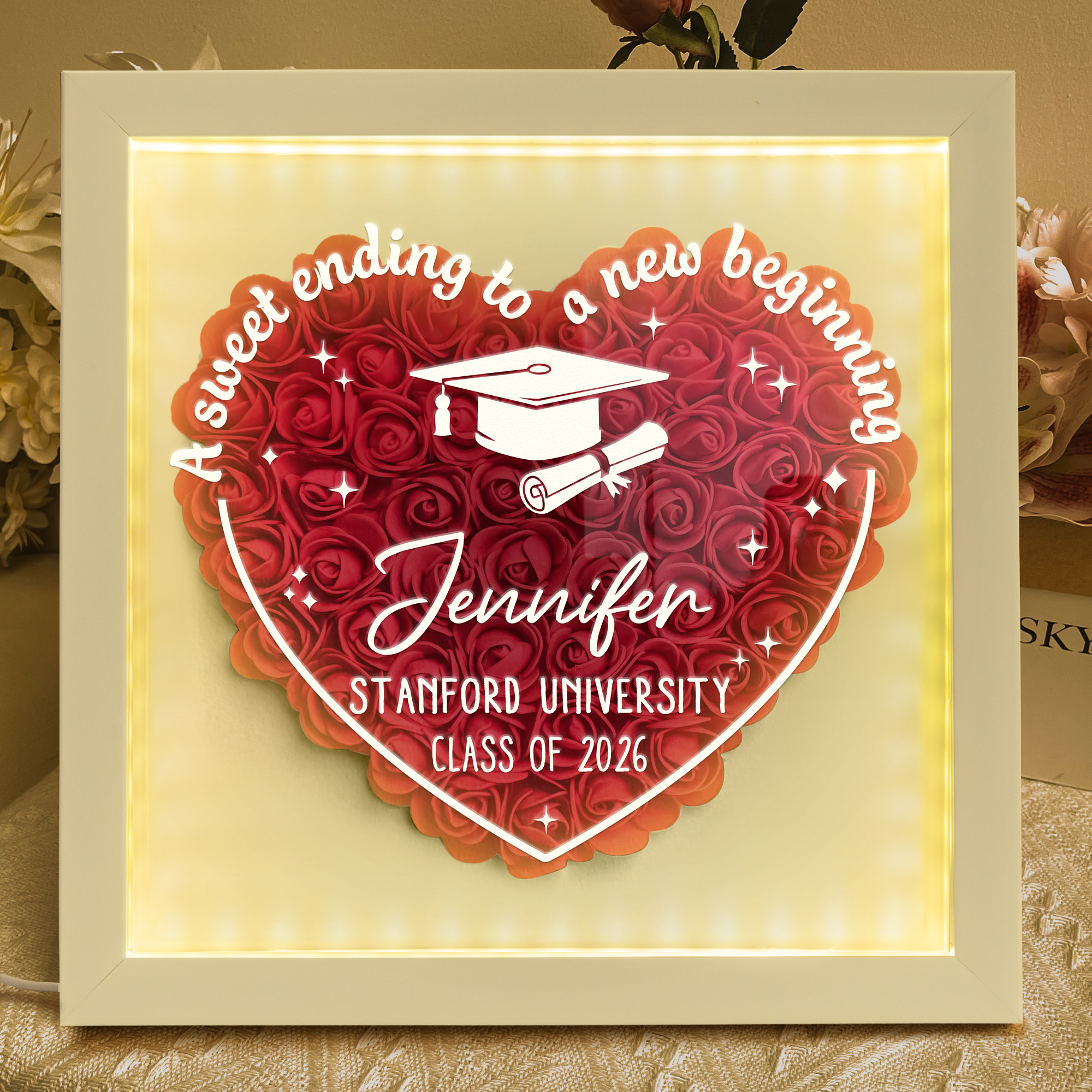 Sweet Ending To New Beginning - Personalized Flower Shadow Box With LED Light