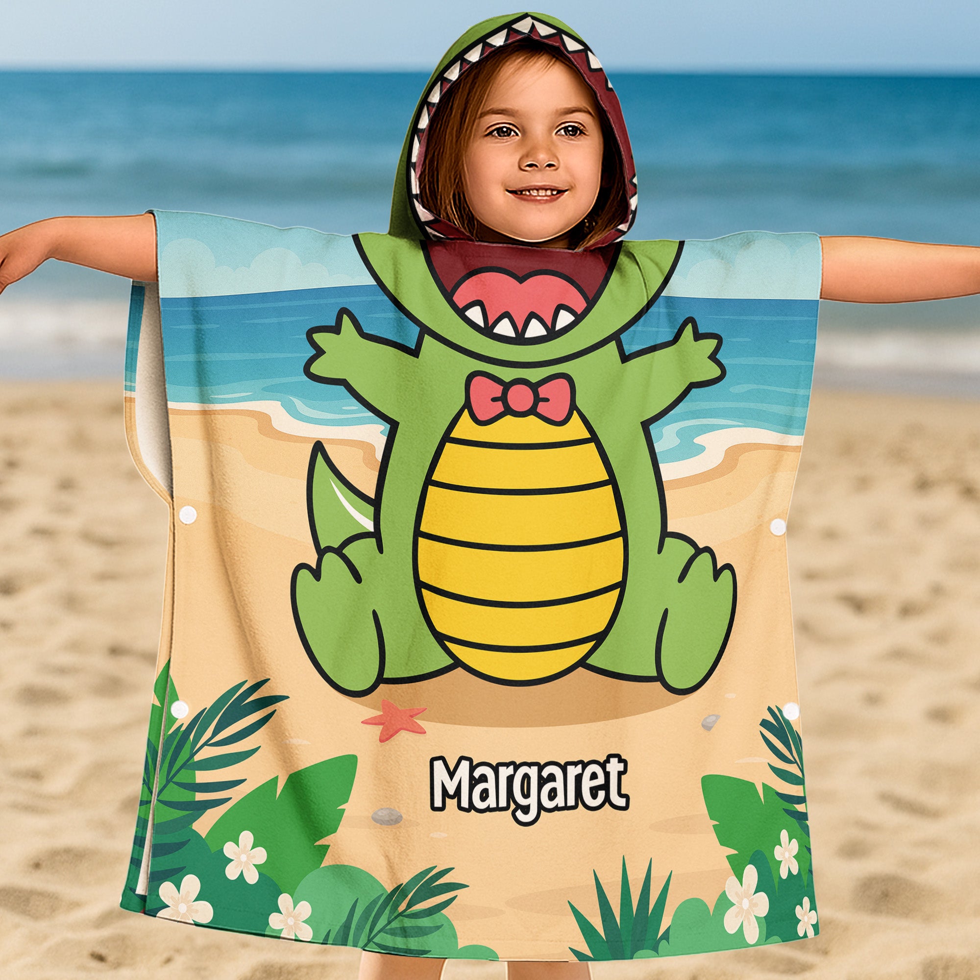 T-Rex, Dinosaur On The Beach - Personalized Kids Hooded Towel
