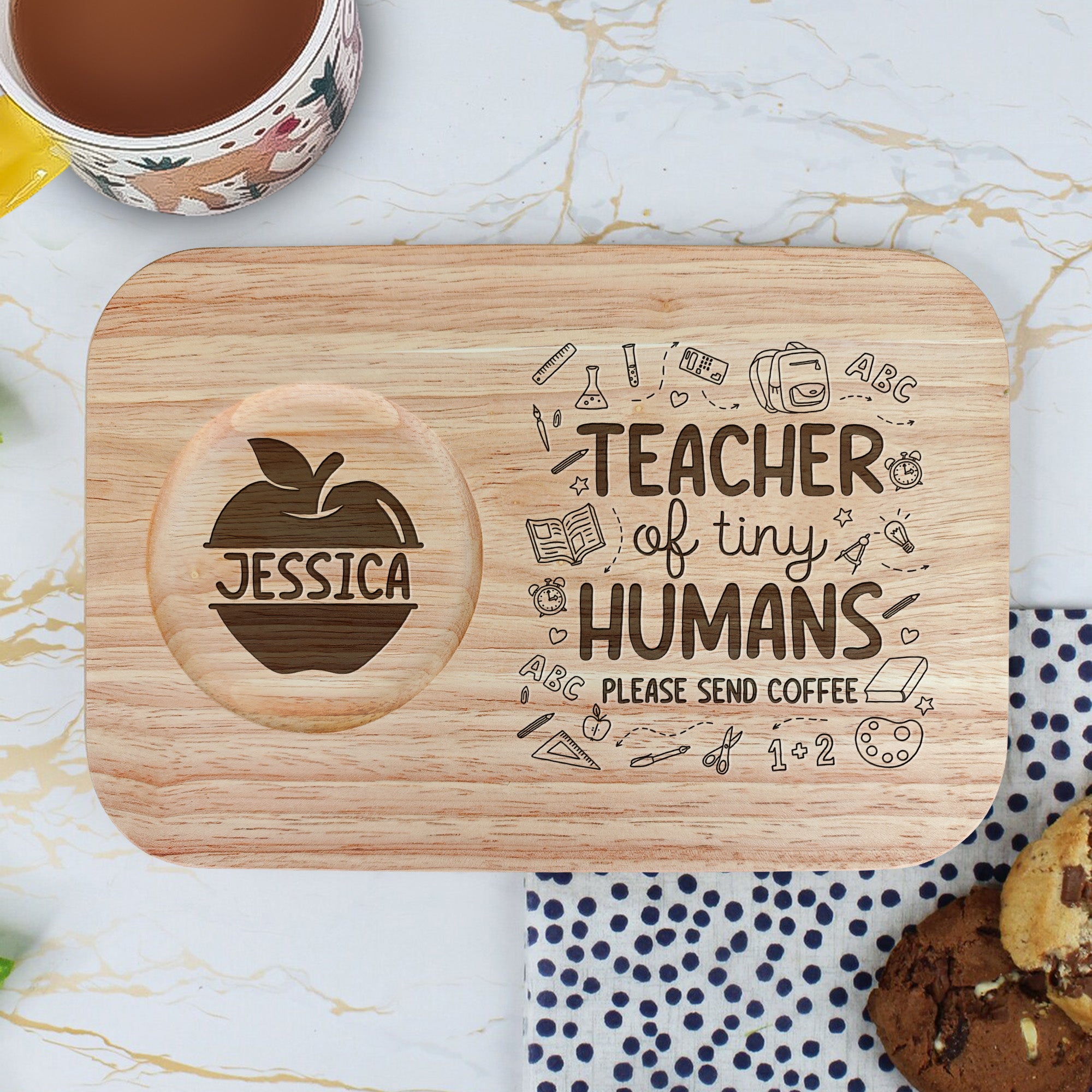 Teacher Of Tiny Humans - Custom Engraved Wooden Tea & Biscuit Board