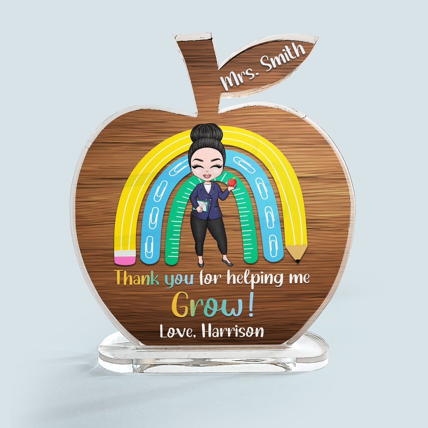 Thank You For Helping Me Grow - Personalized Apple Shaped Acrylic Plaque - Birthday, Teacher Day Gift For Teachers