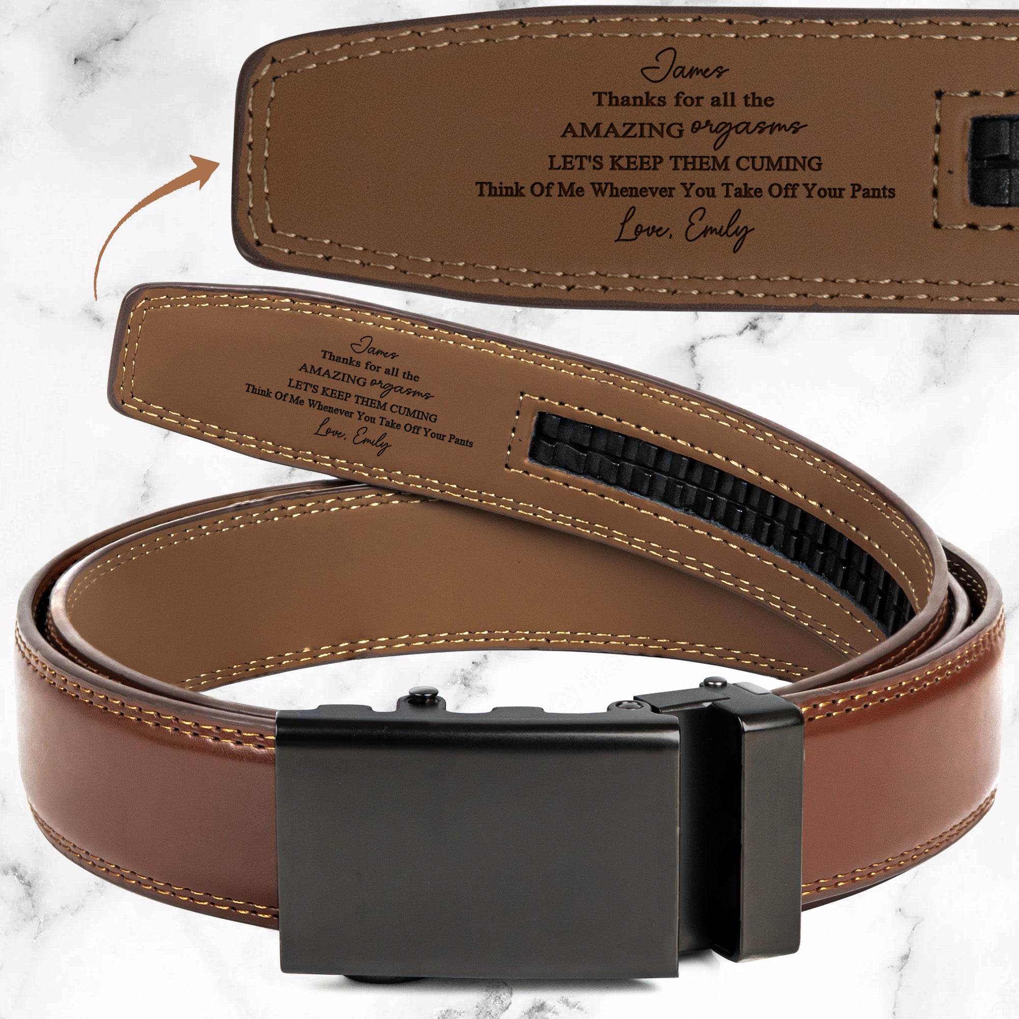 Thanks For All The Amazing Orgasms - Personalized Leather Belt With Engraved Buckle