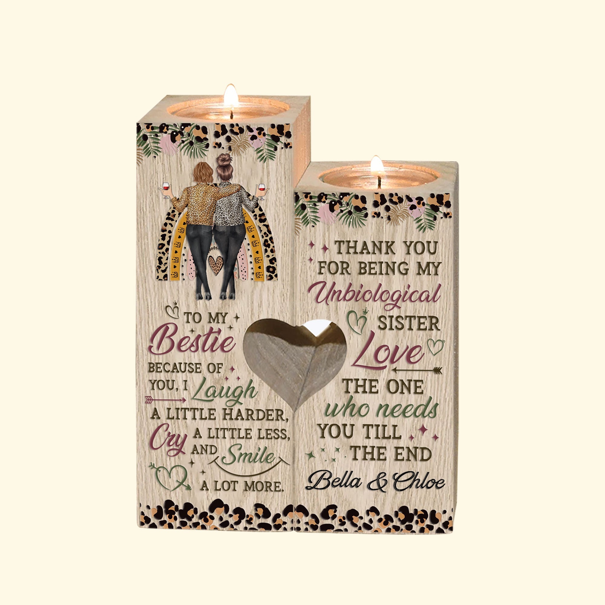 Thanks For Being My Unbiological Sister - Personalized Wood Candle Holder - Birthday, Heartwarming Gift For Besties, Friends, Soul Sisters, BFFs