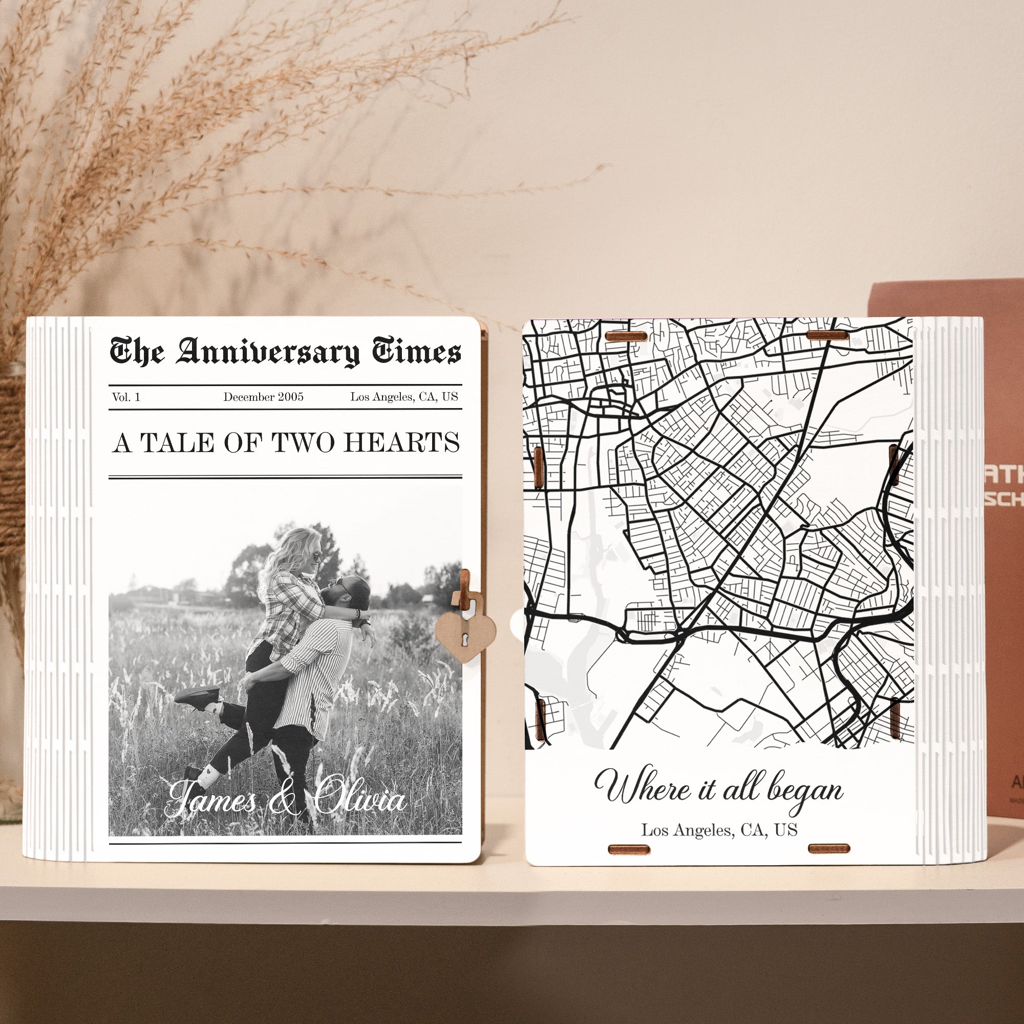 The Anniversary Times A Tale Of Two Hearts - Personalized Wooden Photo Book Box