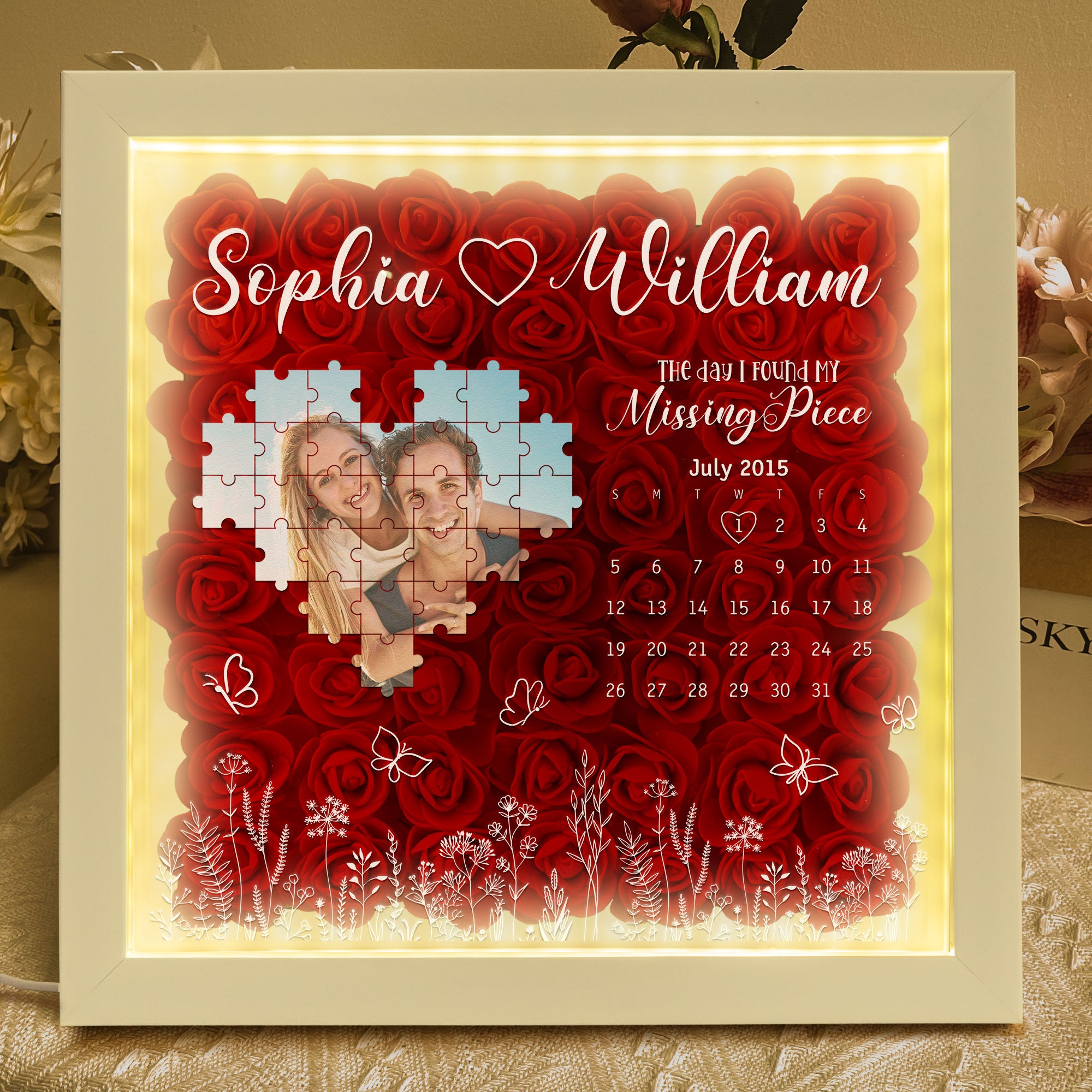 The Day I Found My Missing Piece - Personalized Photo Flower Shadow Box With LED Light