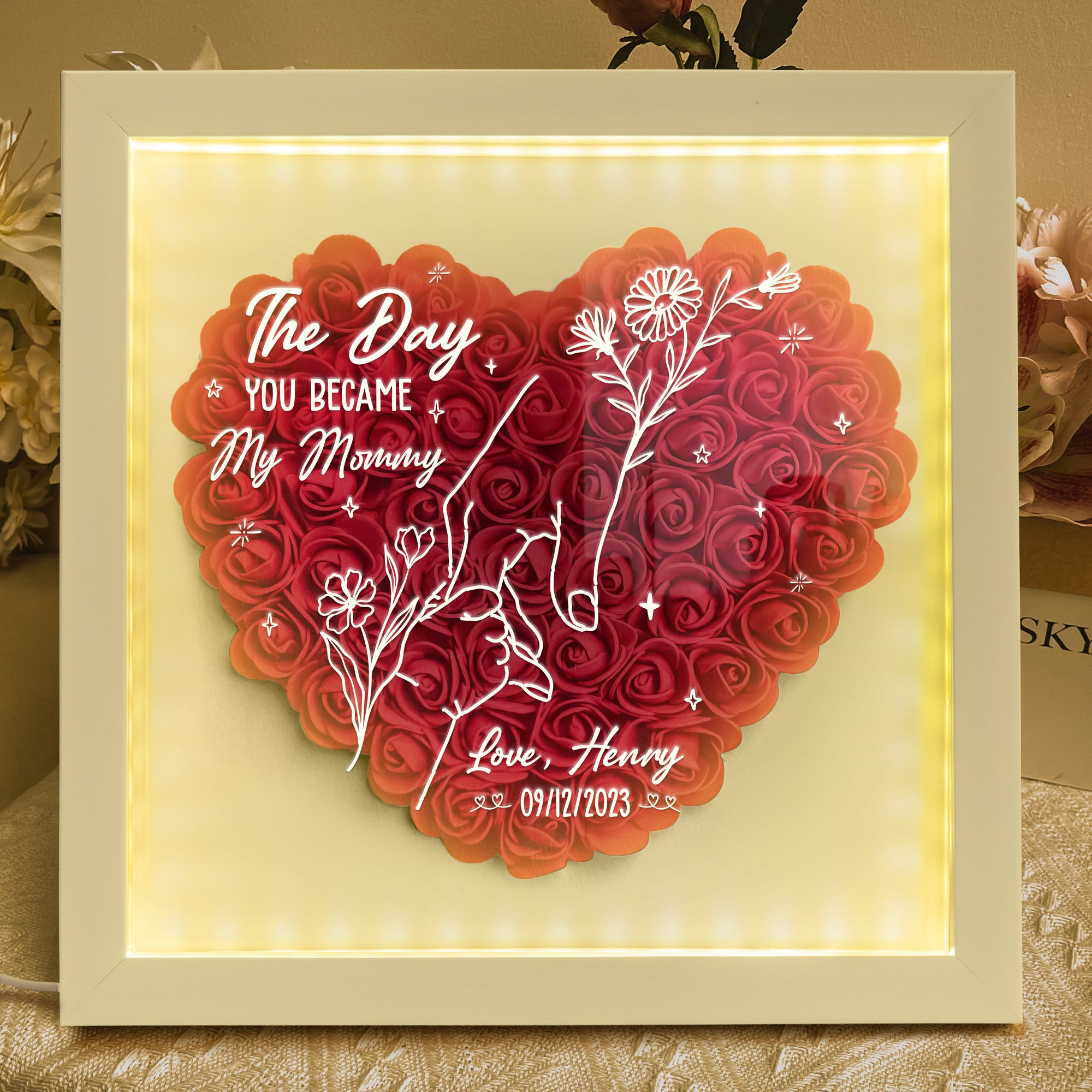 The Day You Became My Mummy - Personalized Flower Shadow Box With LED Light