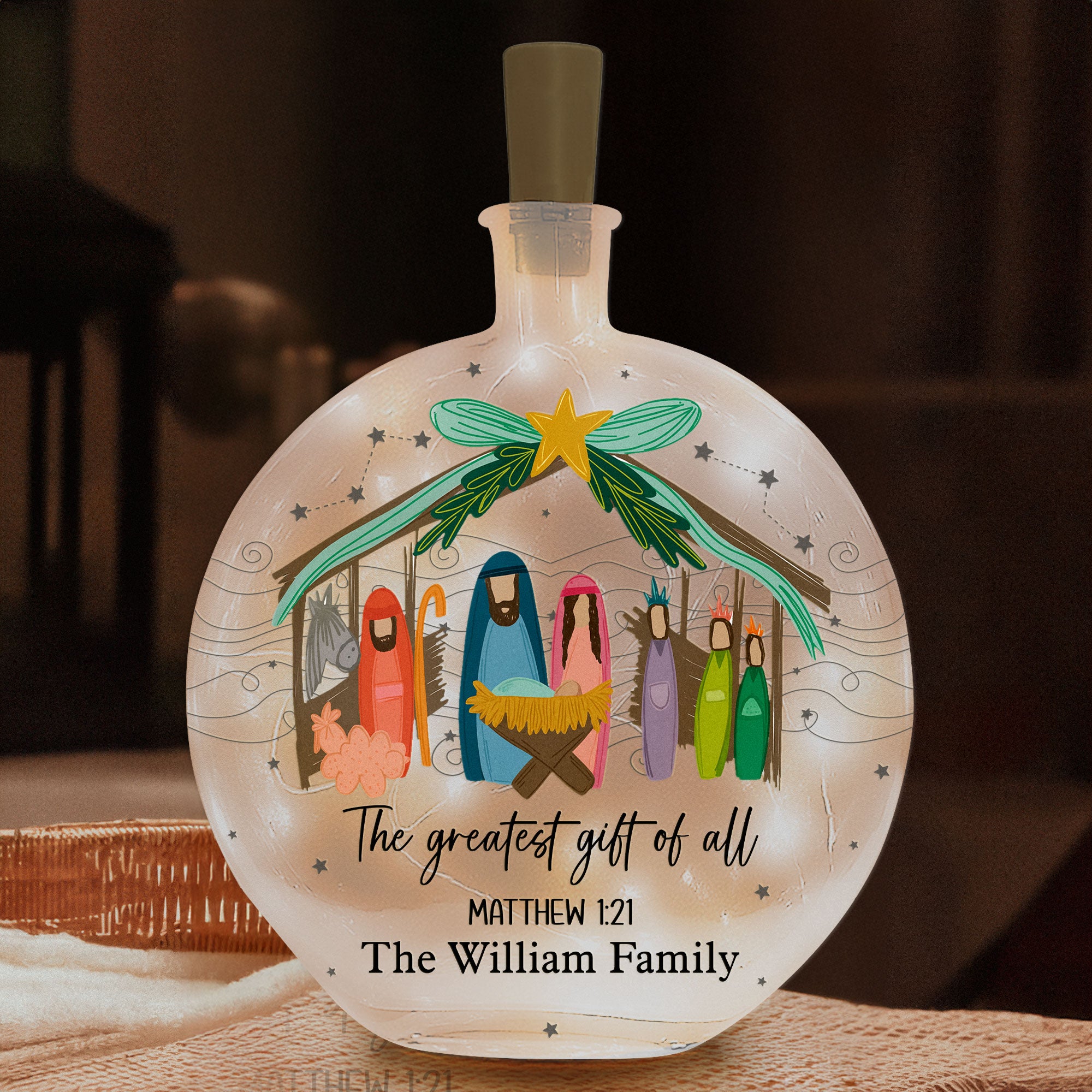 The Greatest Gift Of All Christmas Nativity Scene - Personalized Round Flat Bottle Light