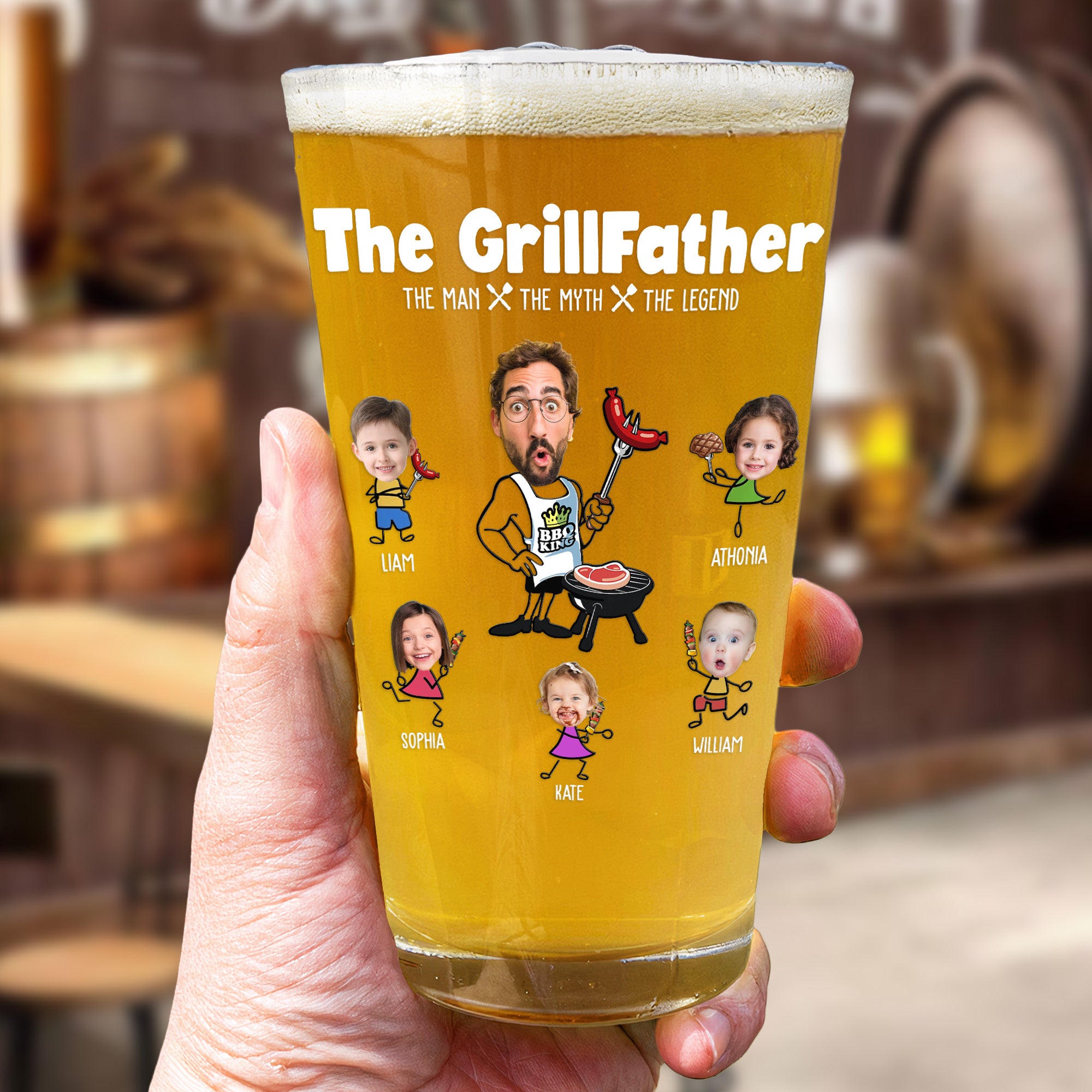 The Grillfather - Gifts For BBQ Dad From Kids - Personalized Photo Beer Glass