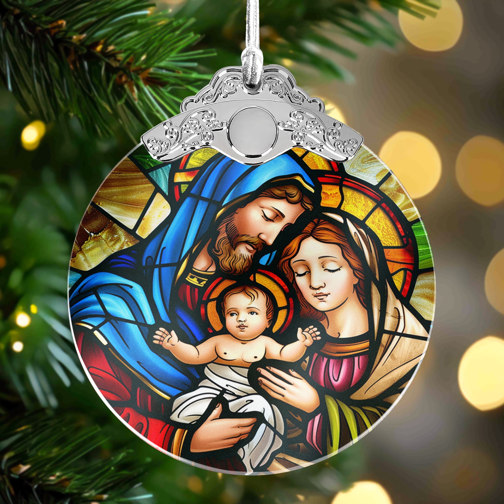 The Holy Family Christmas - Nativity Night - Personalized Glass Ornament With Silver Cap