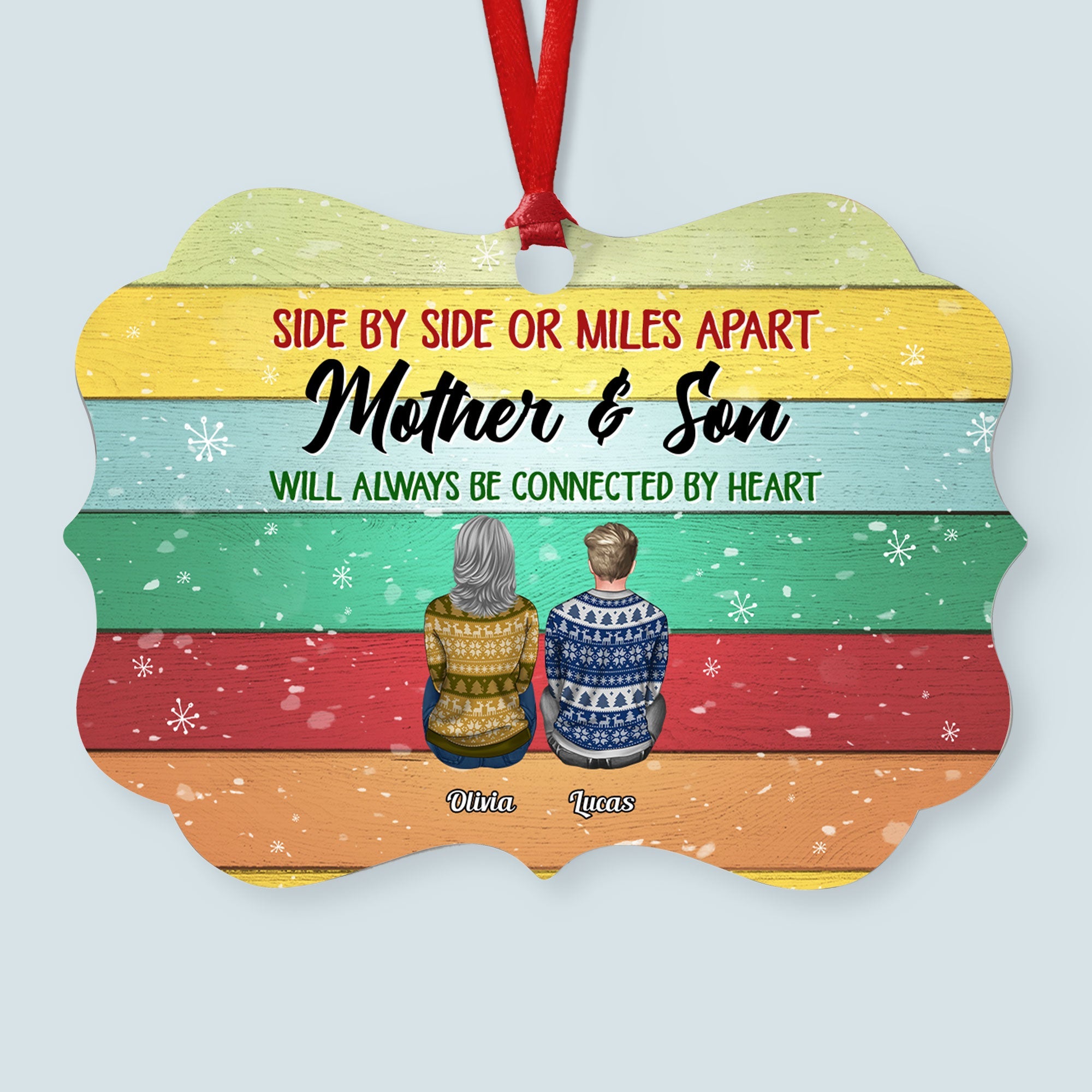 The Love Between Mother And Son Is Forever - Personalized Aluminum Ornament - Ugly Christmas Sweater Sitting