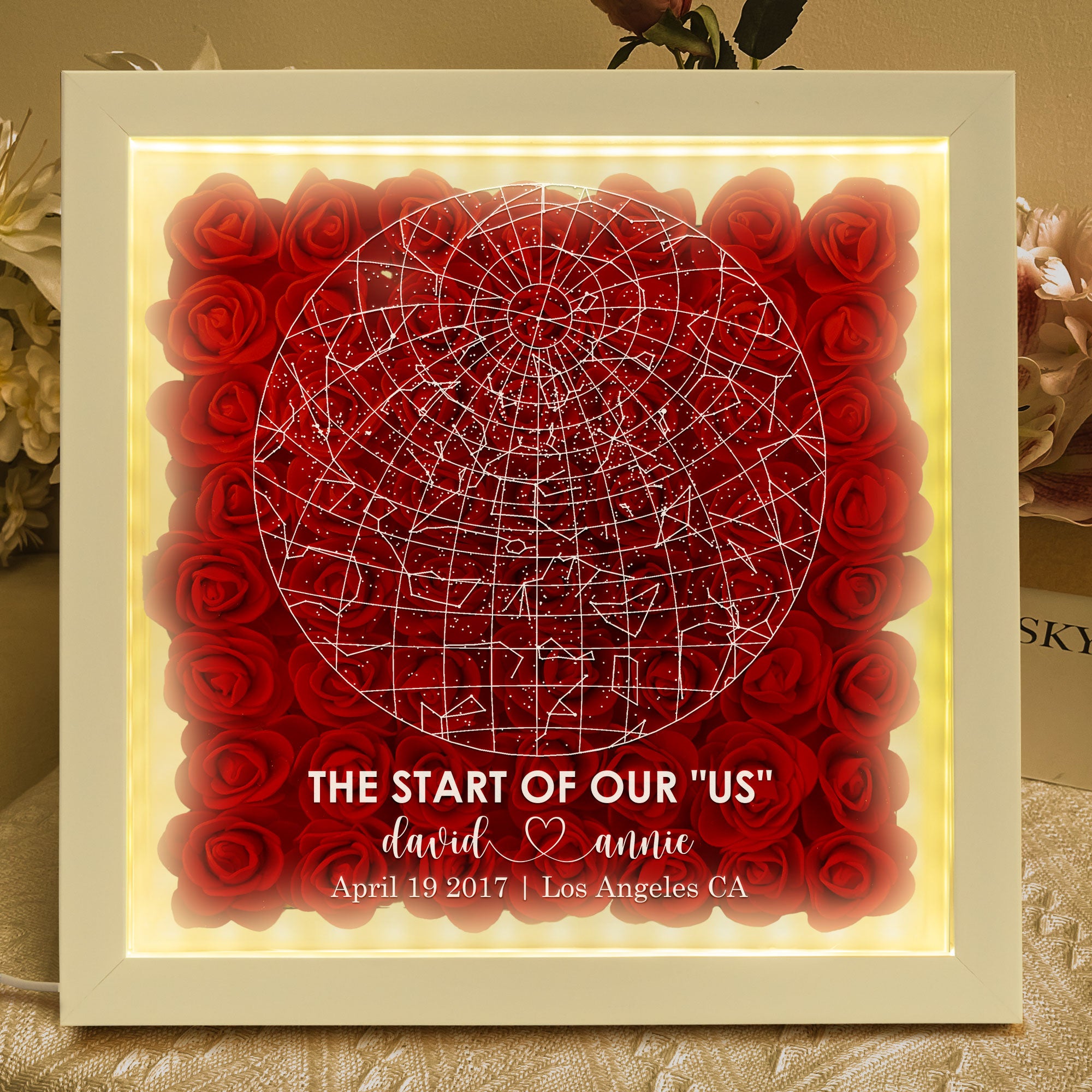The Night Our Love Story Began Custom Star Map - Personalized Flower Shadow Box With LED Light