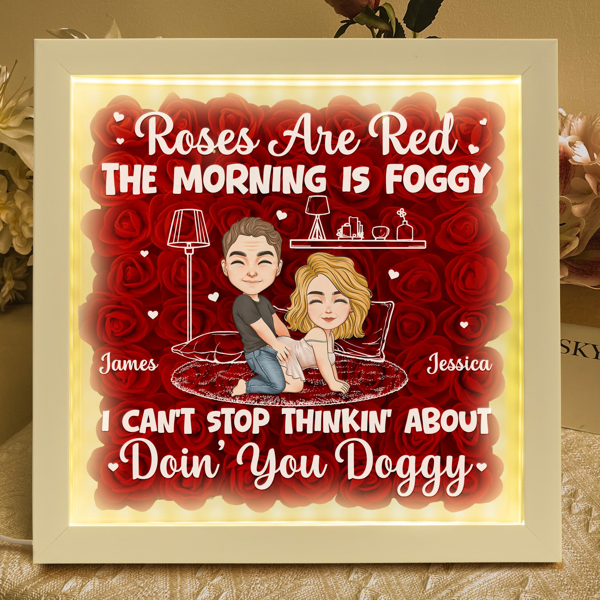 Thinkin' About Doin' You Doggy Valentine's Day Anniversary Gift - Personalized Flower Shadow Box With LED Light