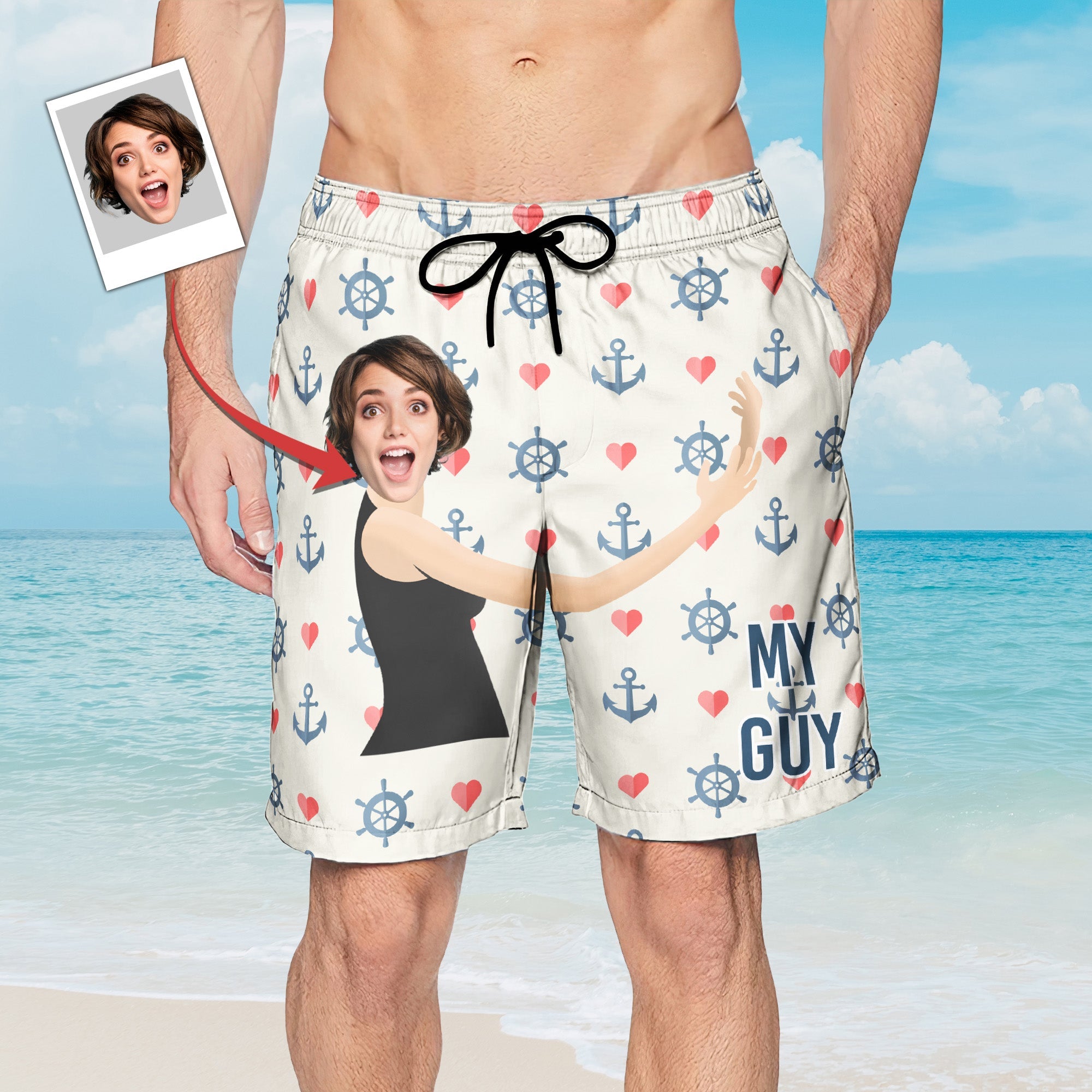 This Is My Guy With Marine Pattern - Personalized Photo Men's Beach Shorts