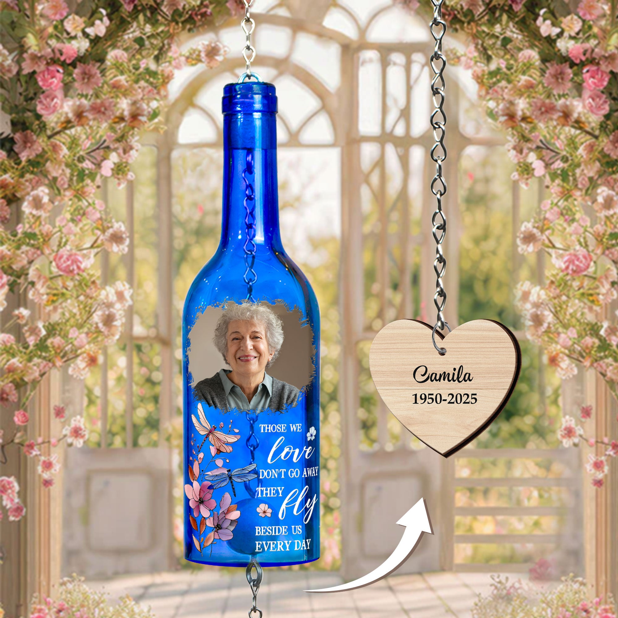 Those We Love Don't Go Away They Fly - Personalized Photo Wine Bottle Wind Chime