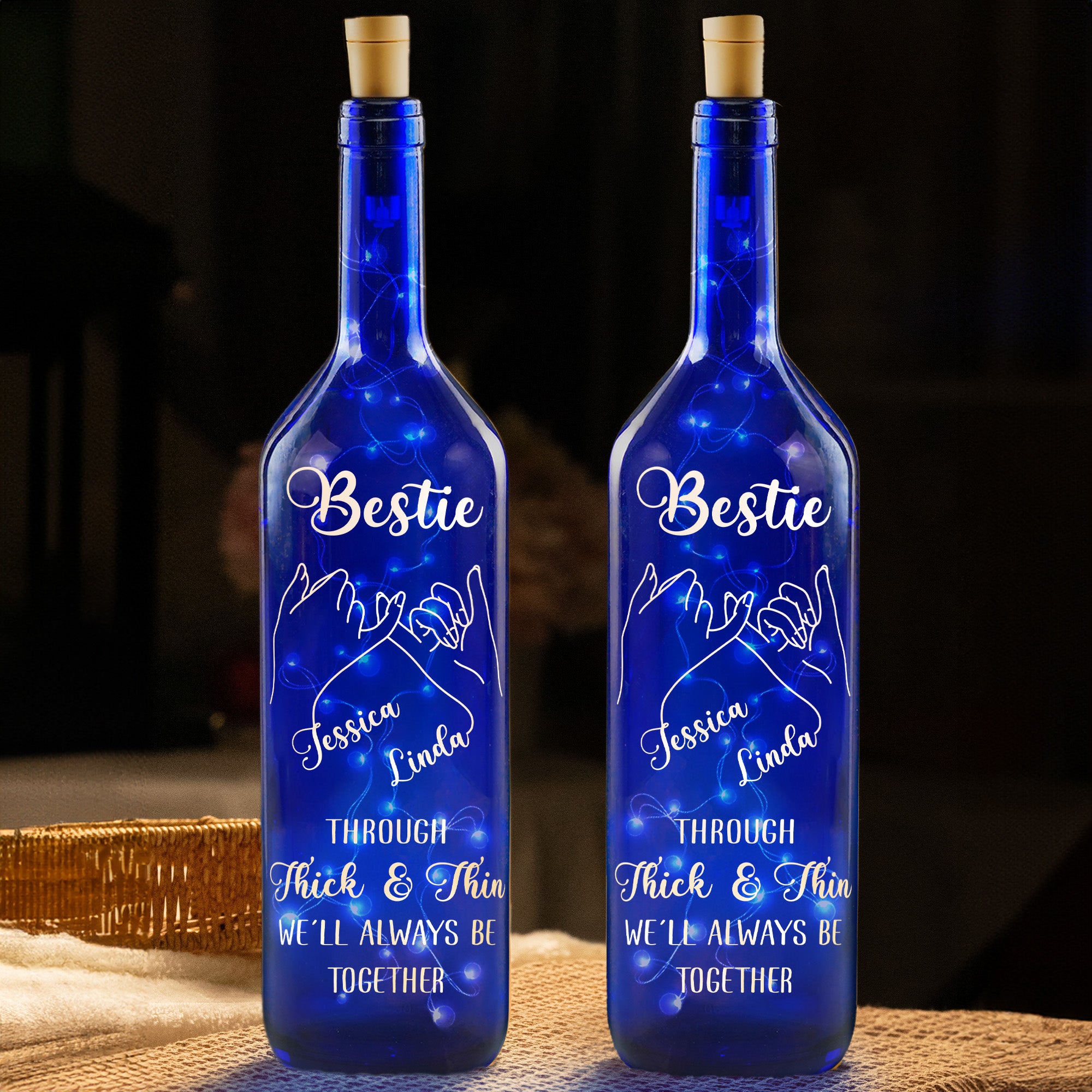Through Thick And Thin, We'll Always Be Together - Personalized Blue Bottle Lamp