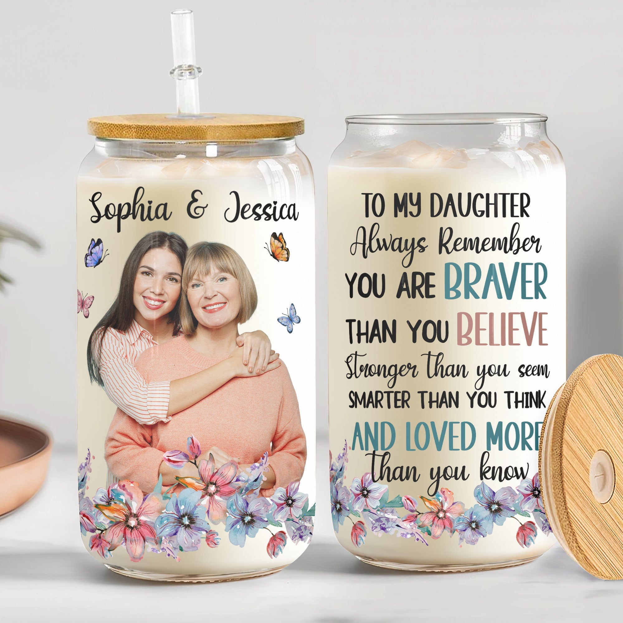 To Daughter Always Remember You Are Braver Stronger - Personalized Photo Clear Glass Cup