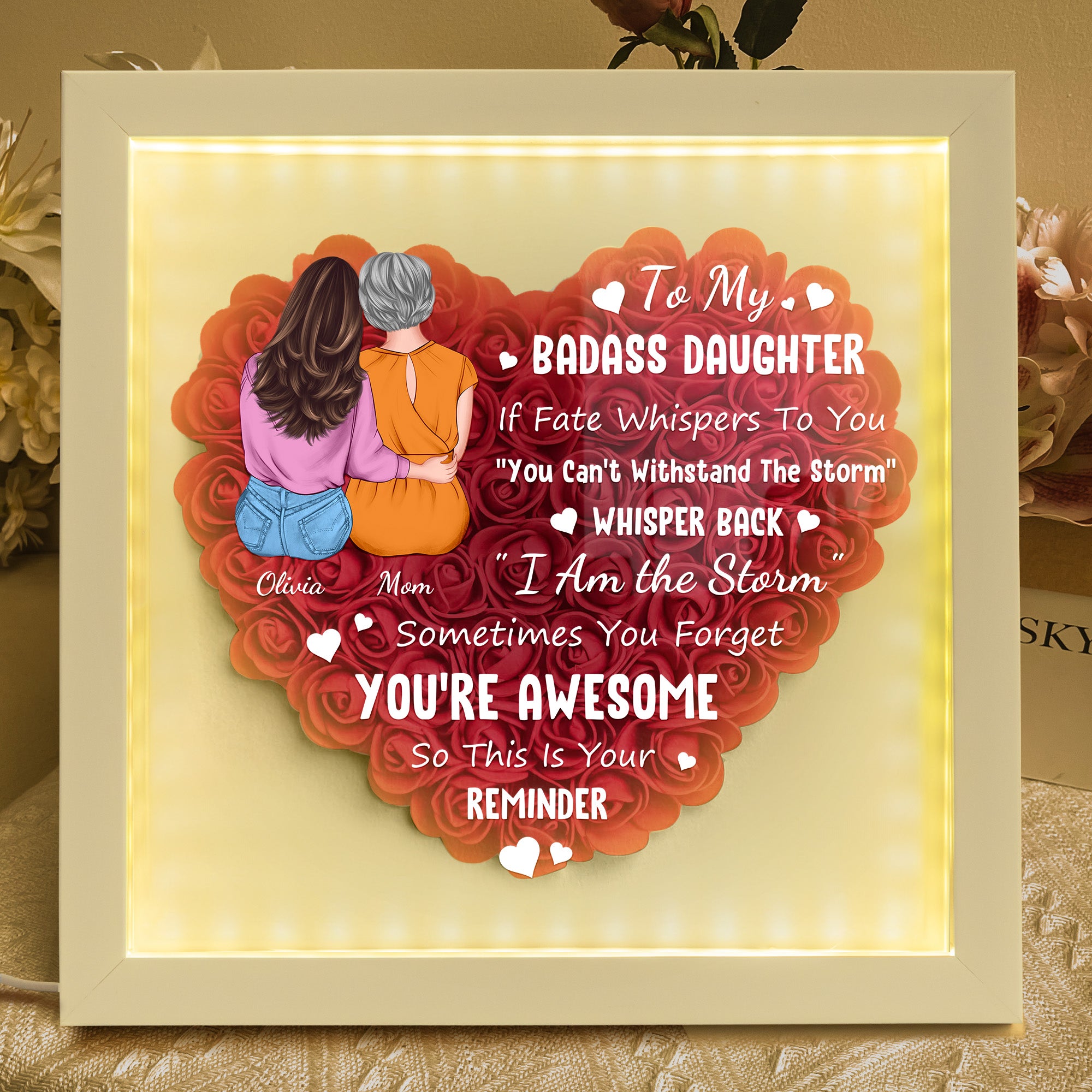 To My Badass Daughter - Personalized Flower Shadow Box With LED Light