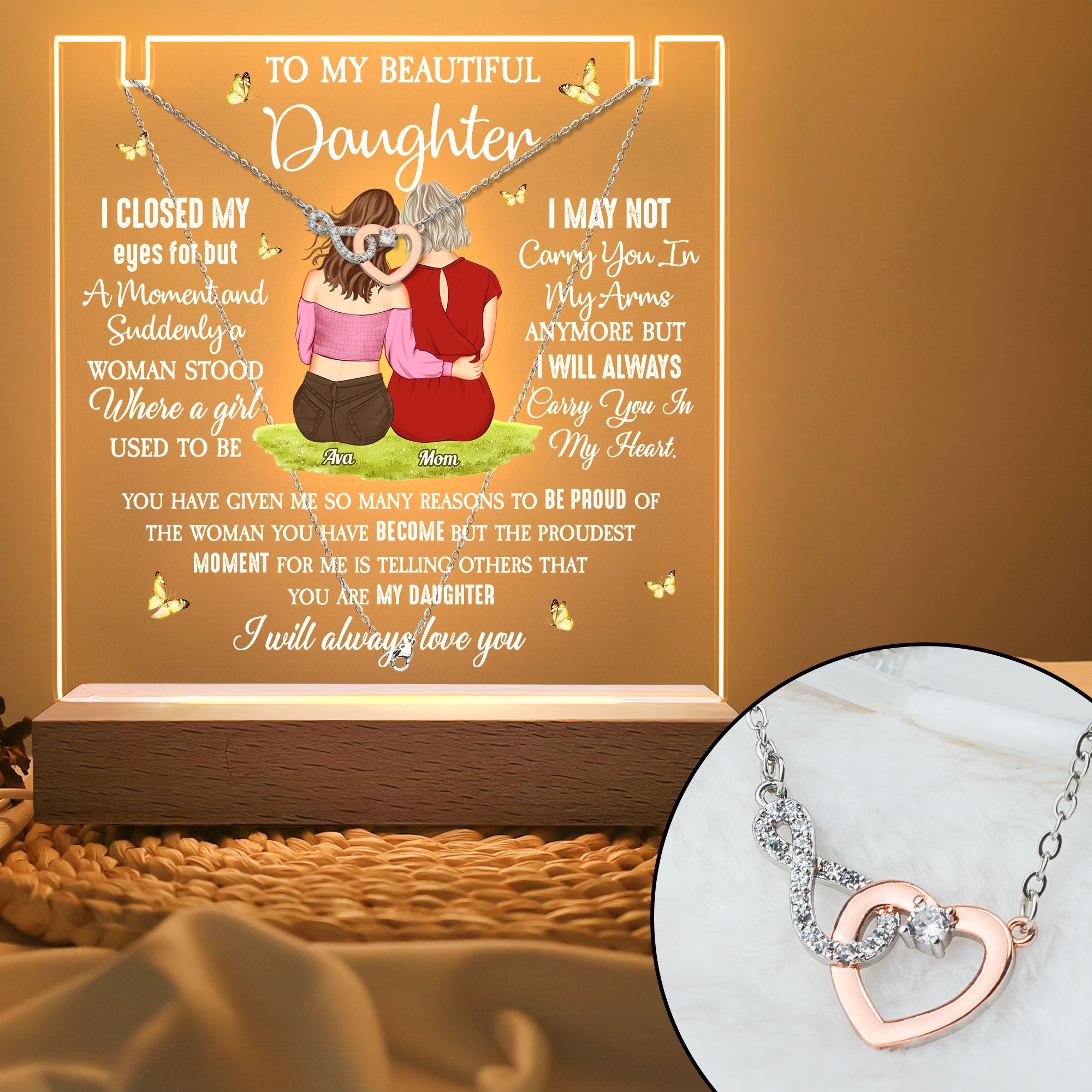 To My Daughter Gifts - Personalized LED Light Acrylic Plaque With Infinity Necklace