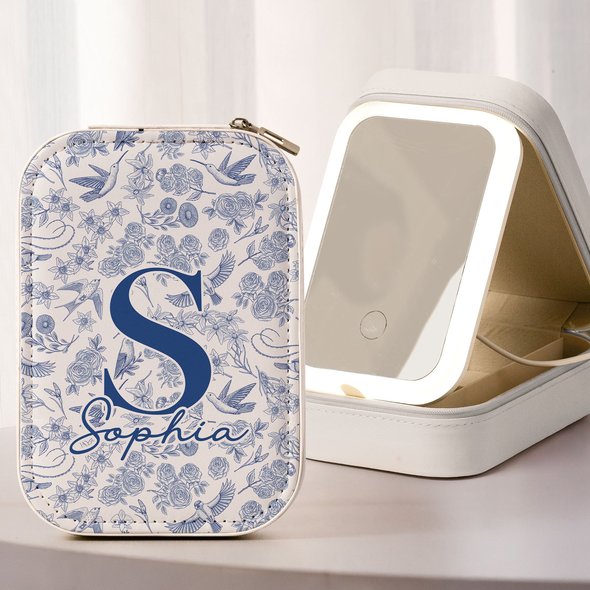 Toile De Jouy Floral Initial - Custom Makeup Box With LED Mirror