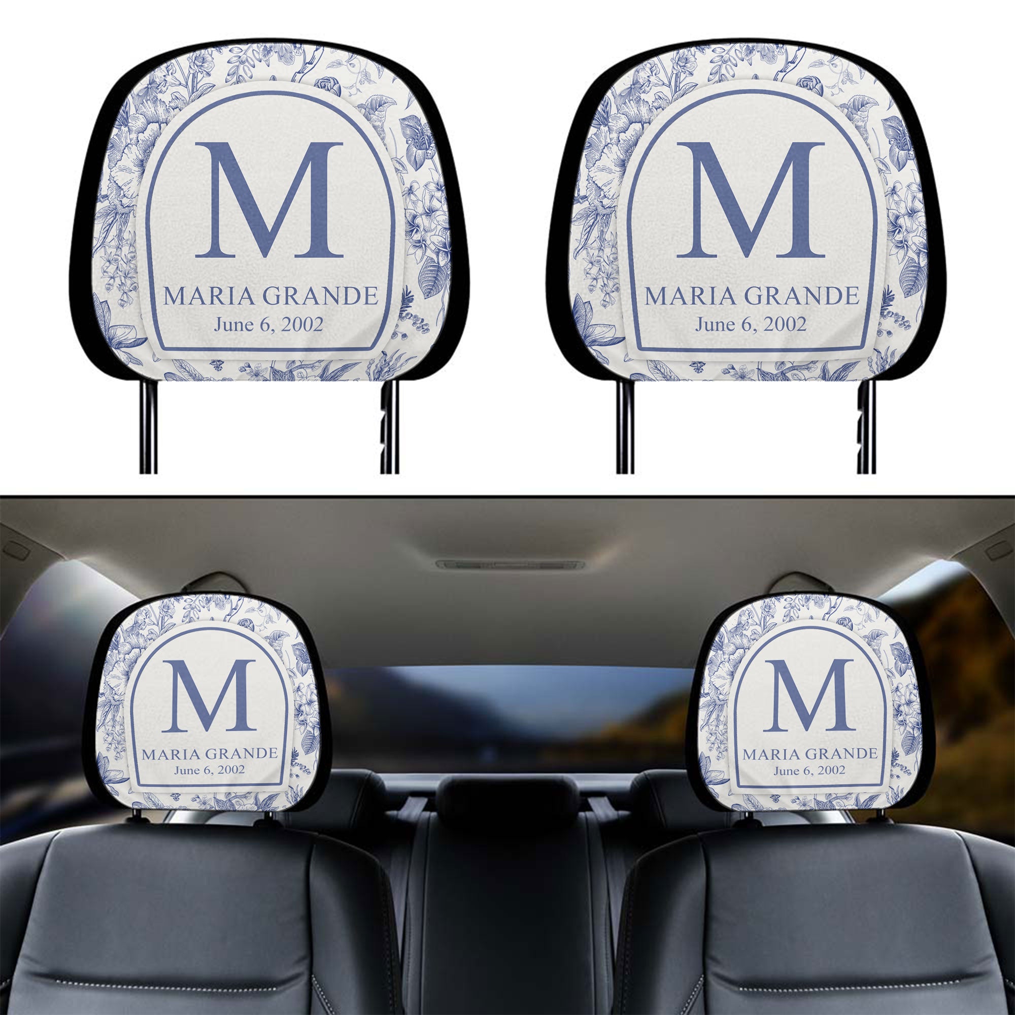 Toile De Jouy Initial Name Letter - Personalized Car Headrest Covers