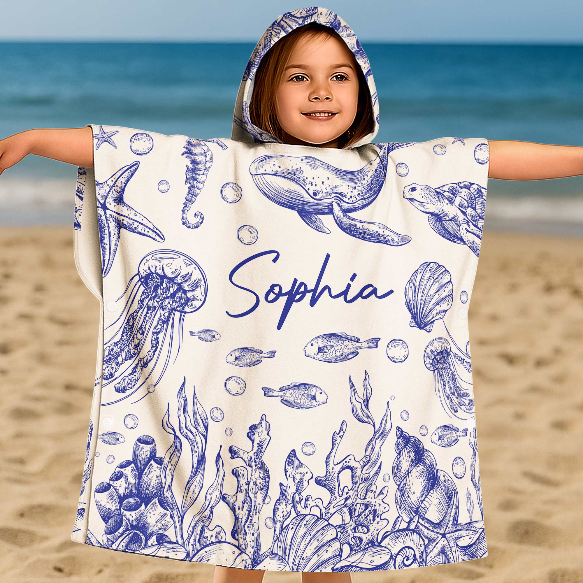Under The Sea Toile De Jouy - Personalized Kids Hooded Towel