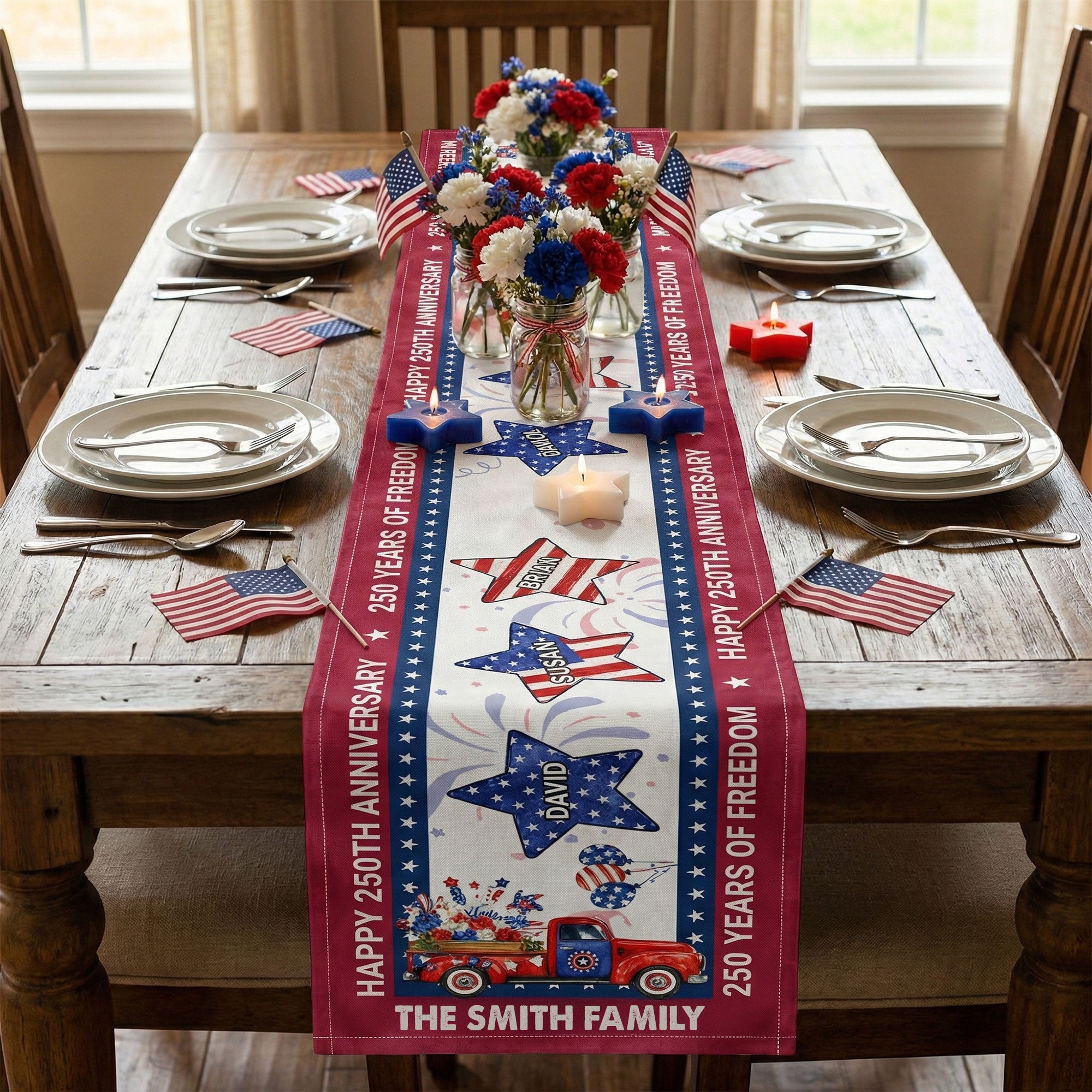 USA 250th Birthday Custom Name Patriotic Star - Personalized Table Runner